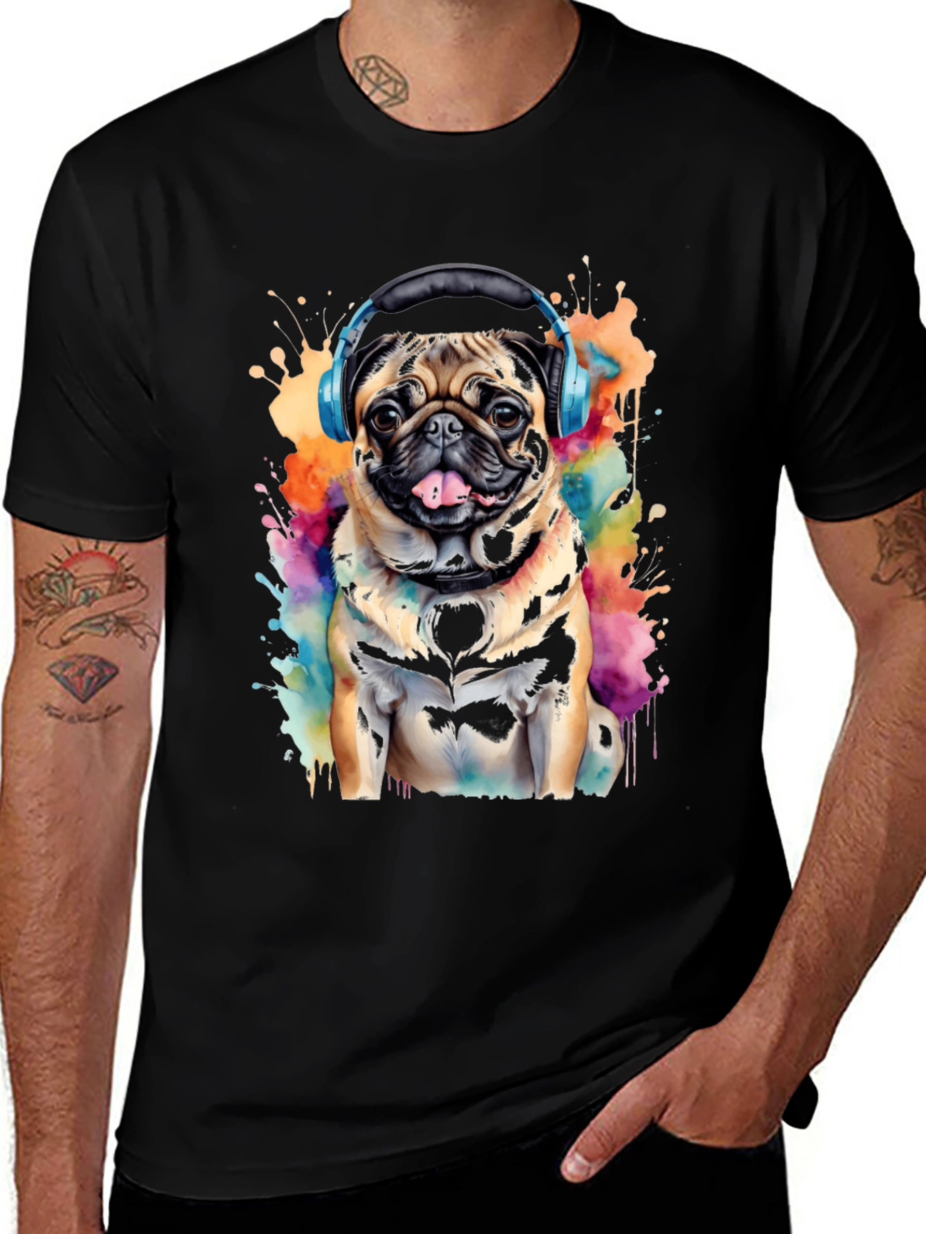 Variant 28 of Pug DJ Graphic T-Shirt - Black Cotton Blend