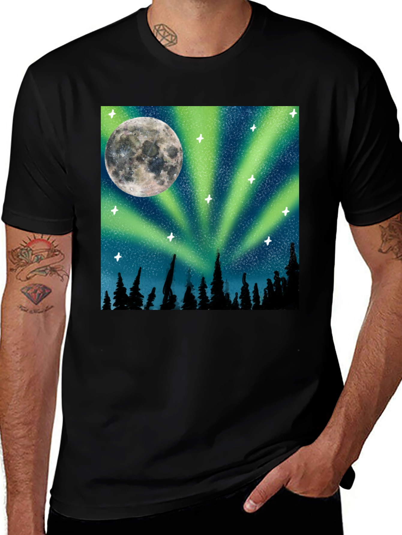 Variant 23 of Northern Lights Moon T-Shirt - Black Cotton Tee