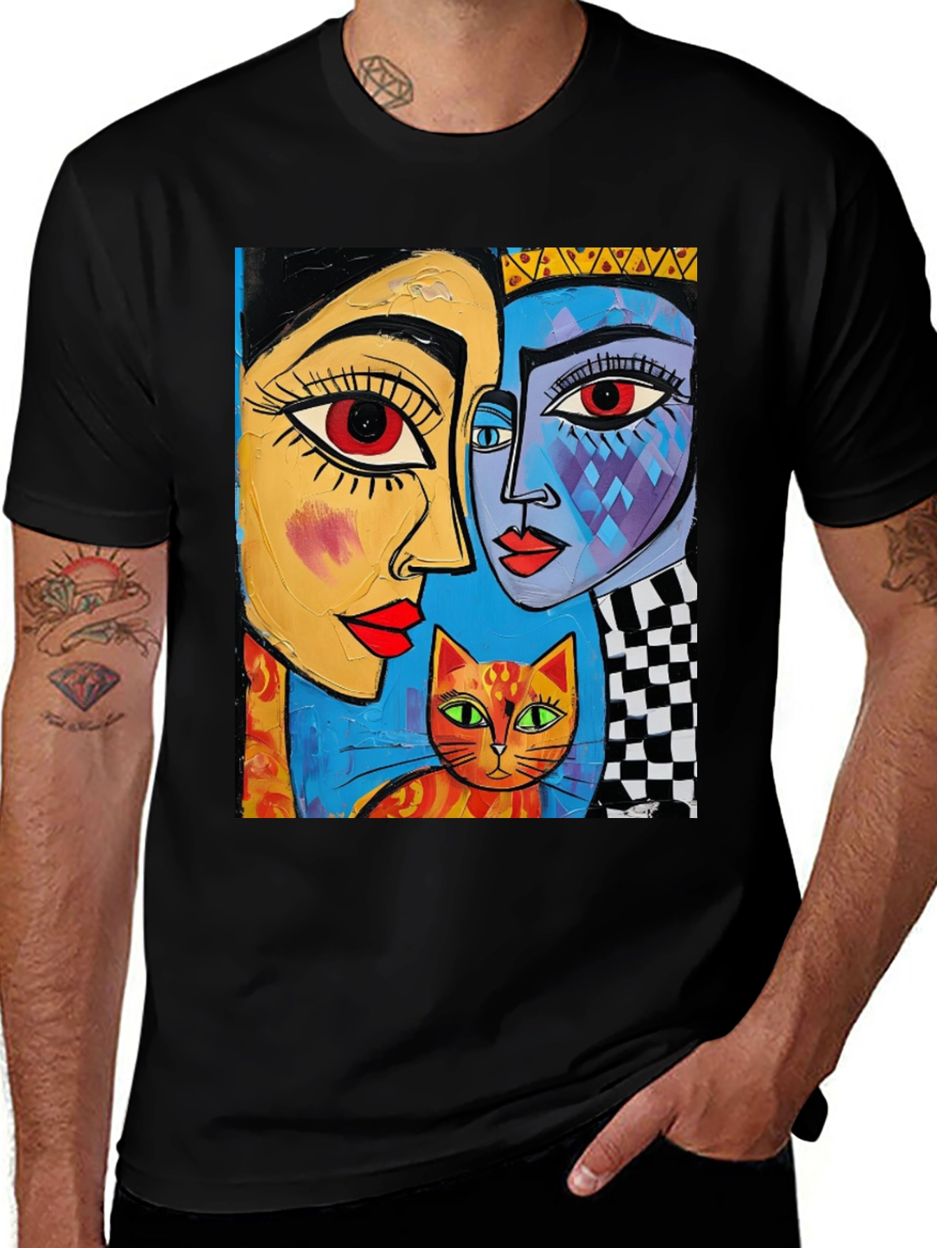 Variant 28 of Abstract Art Tee: Faces and Cat Graphic