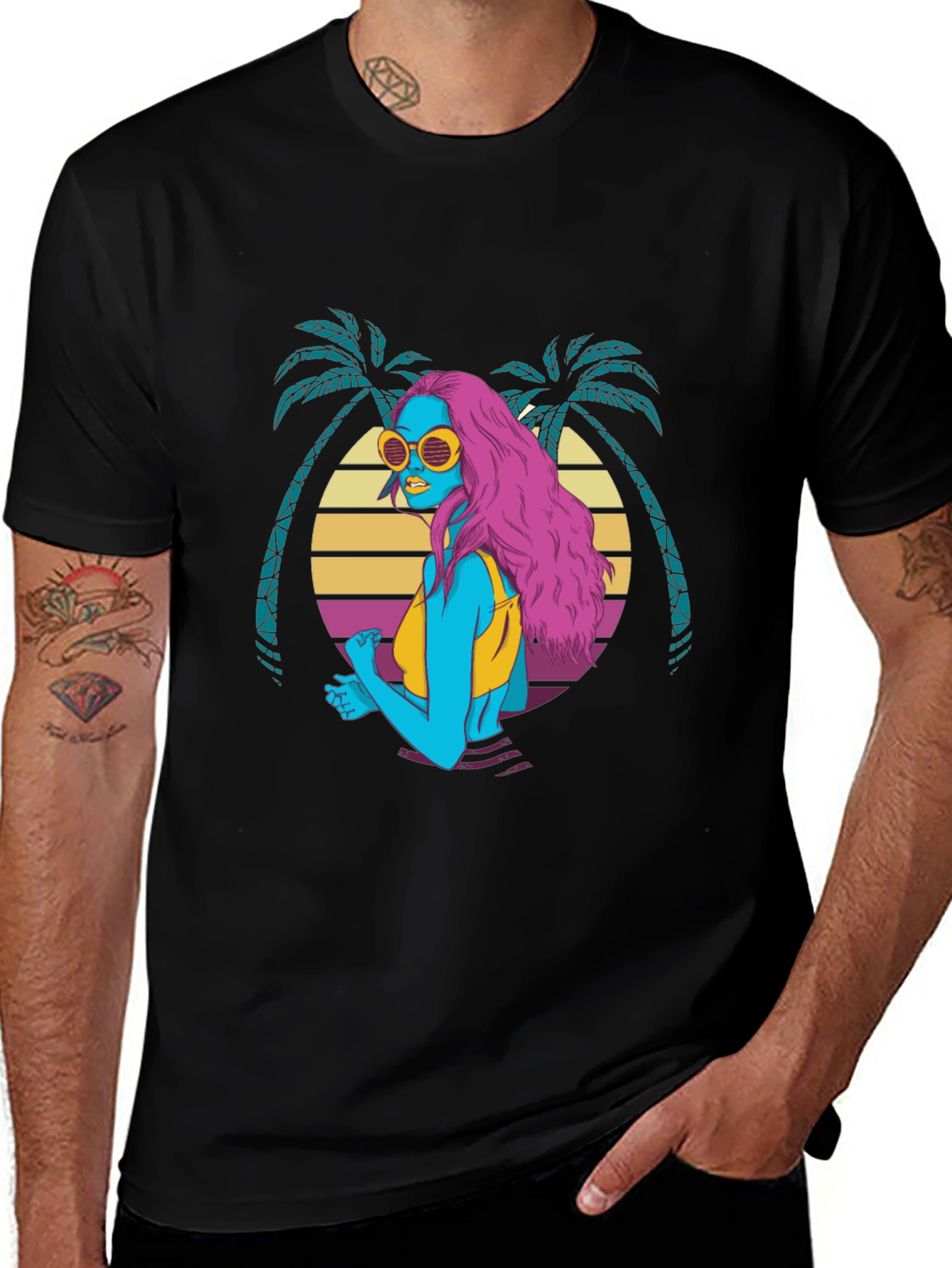 Variant 20 of Retro Wave T-Shirt - Palm Sunset & Neon Girl Design