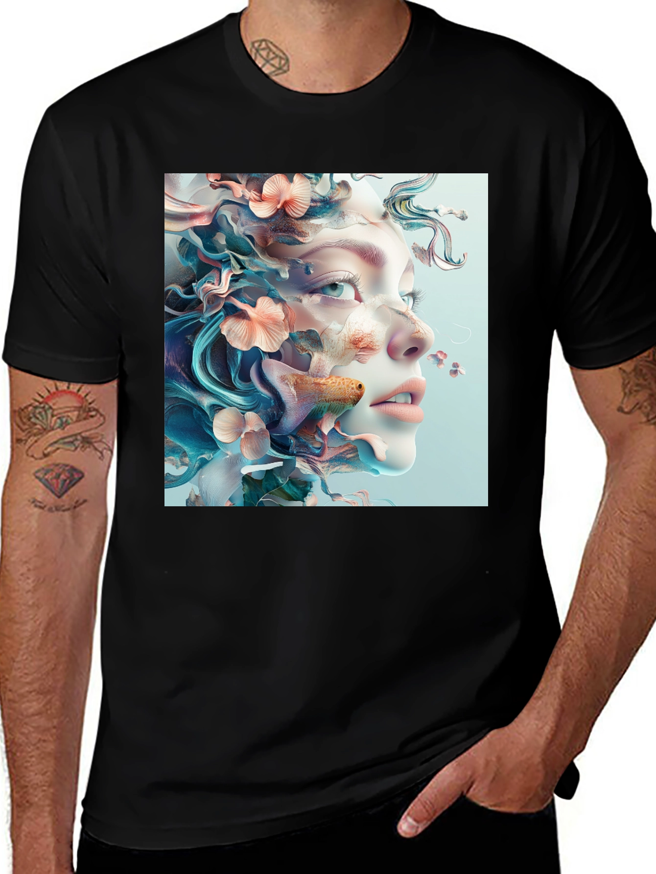 Variant 24 of Abstract Floral Face Graphic Black T-Shirt