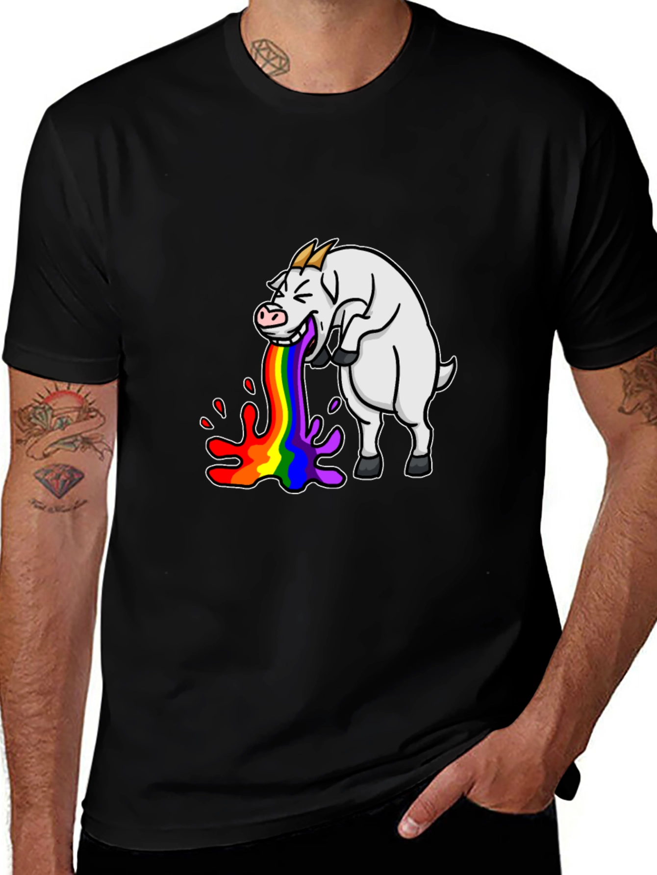 Variant 23 of Rainbow Vomiting Goat Graphic Tee - Black