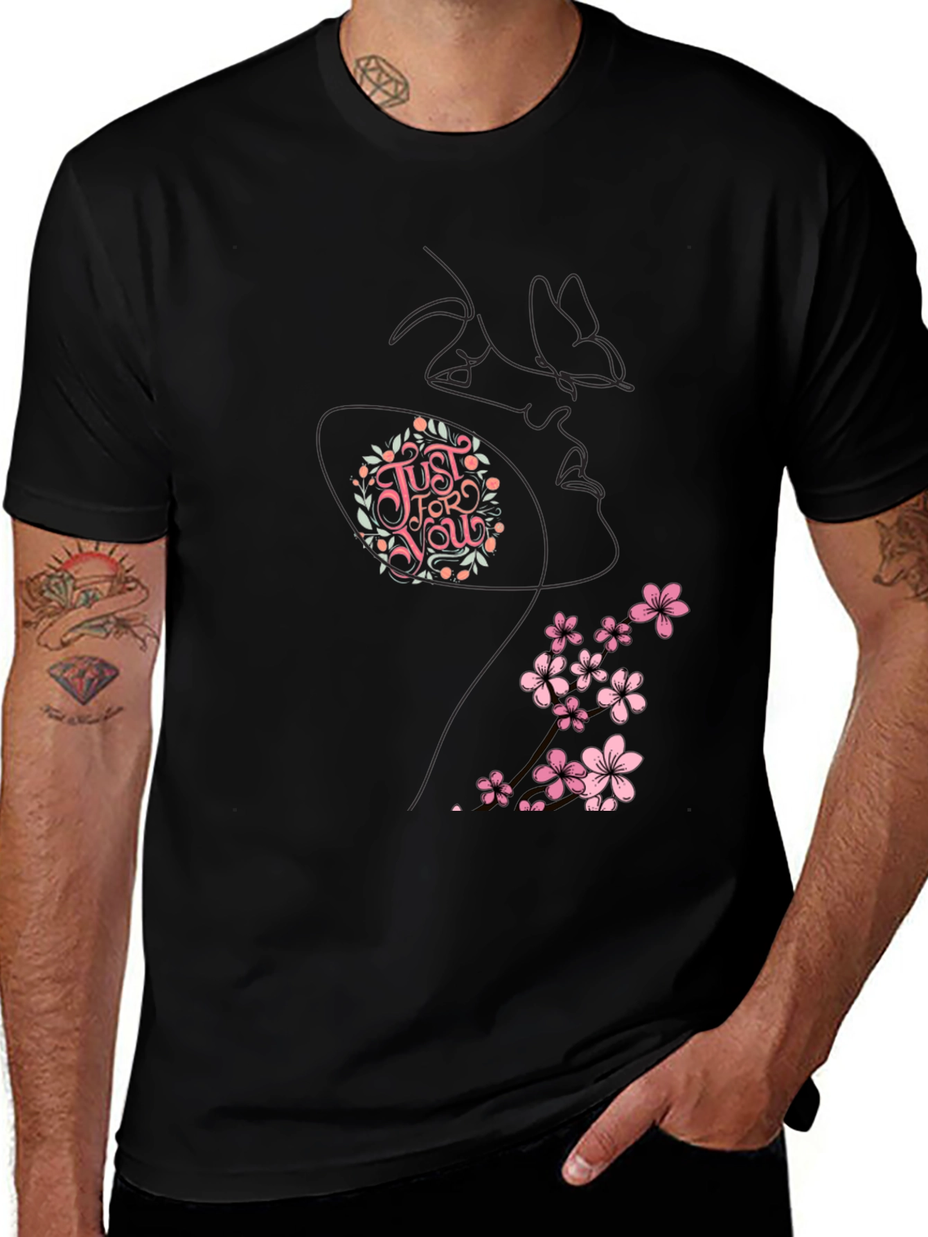 Variant 2 of Black T-Shirt with Floral 'Just For You' Design