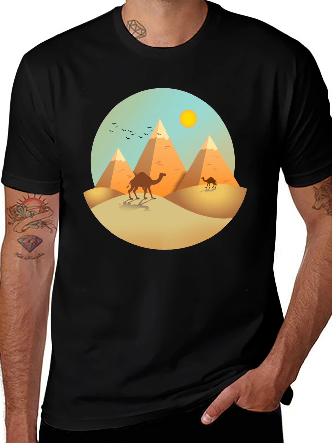 Egyptian Desert T-Shirt - Camel & Pyramid Design