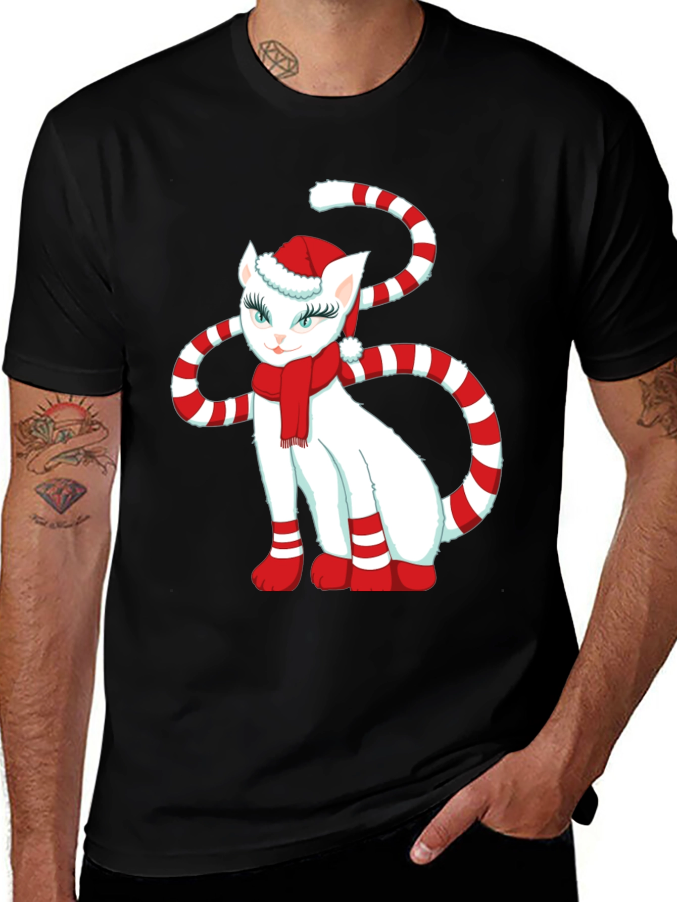 Black Festive Cat Christmas T-Shirt main image