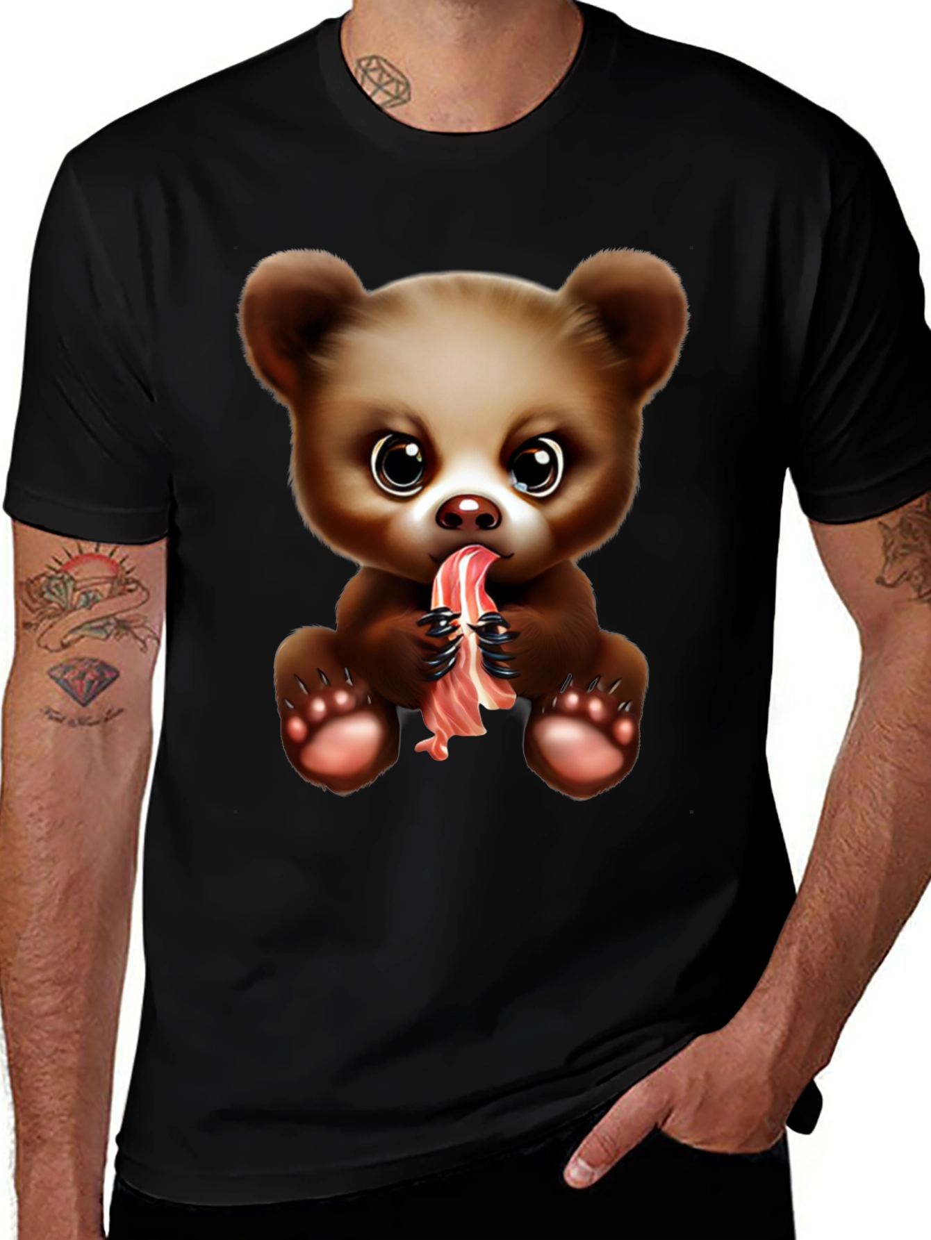 Variant 2 of Bear Eating Bacon Graphic T-Shirt - Novelty Tee