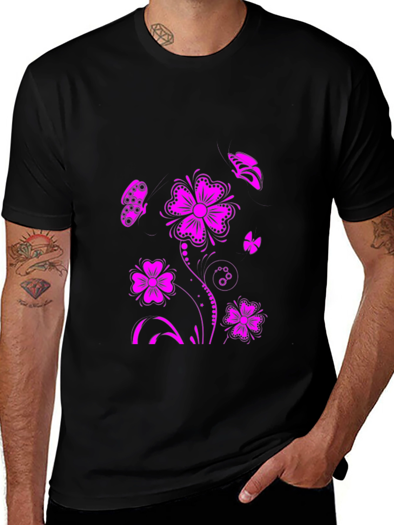Variant 21 of Floral Butterfly Graphic T-Shirt - Black