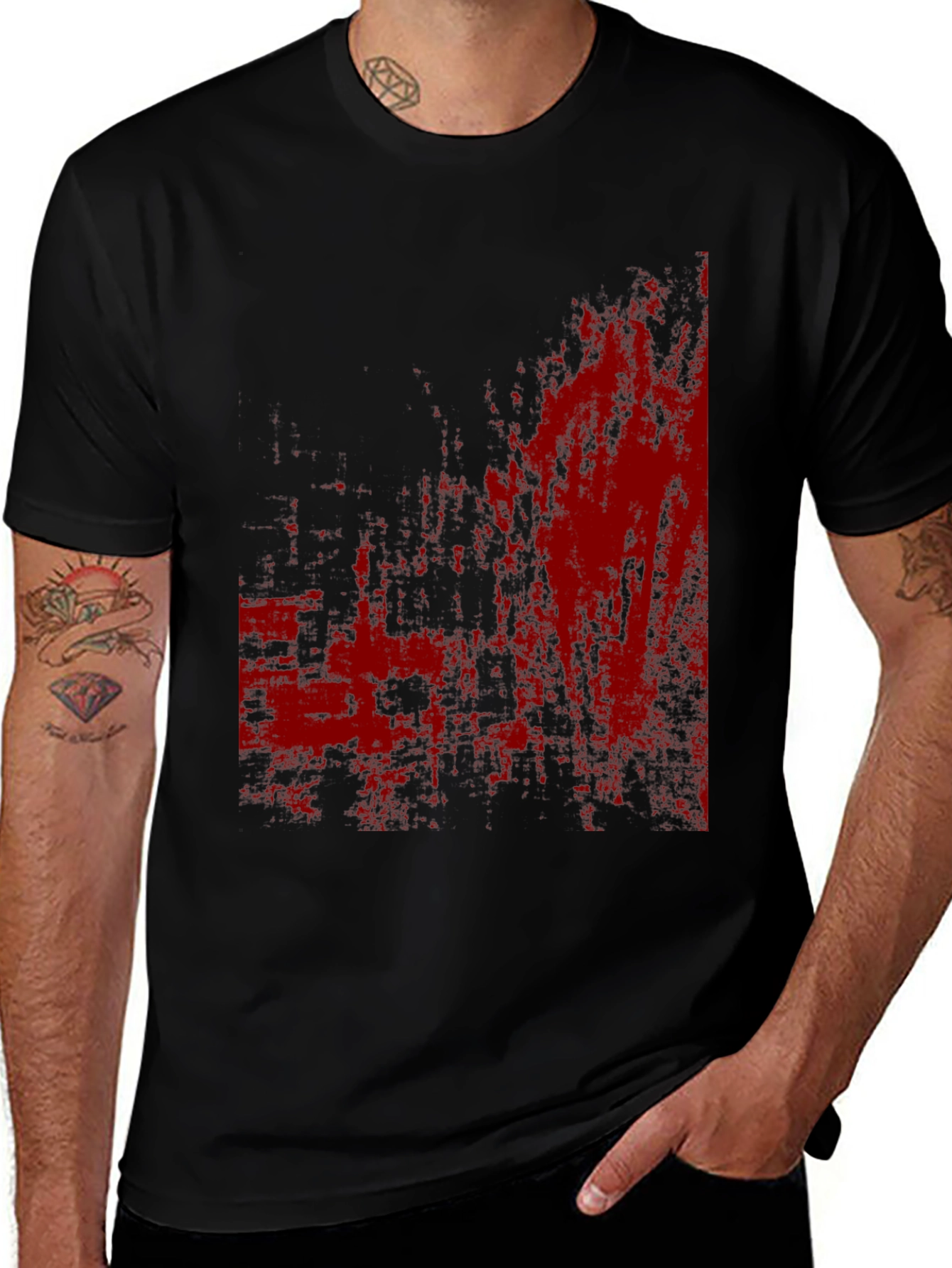 Variant 27 of Edgy Black T-Shirt with Red Abstract Print