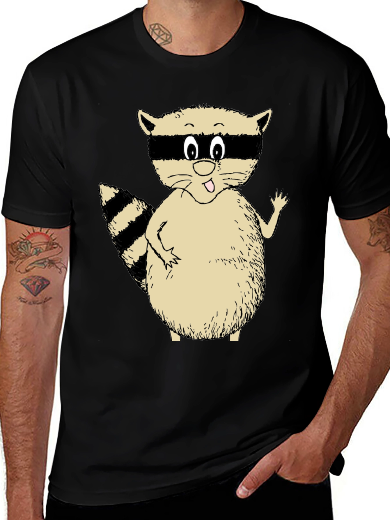 Variant 3 of Cute Raccoon Graphic T-Shirt - Black Casual Tee