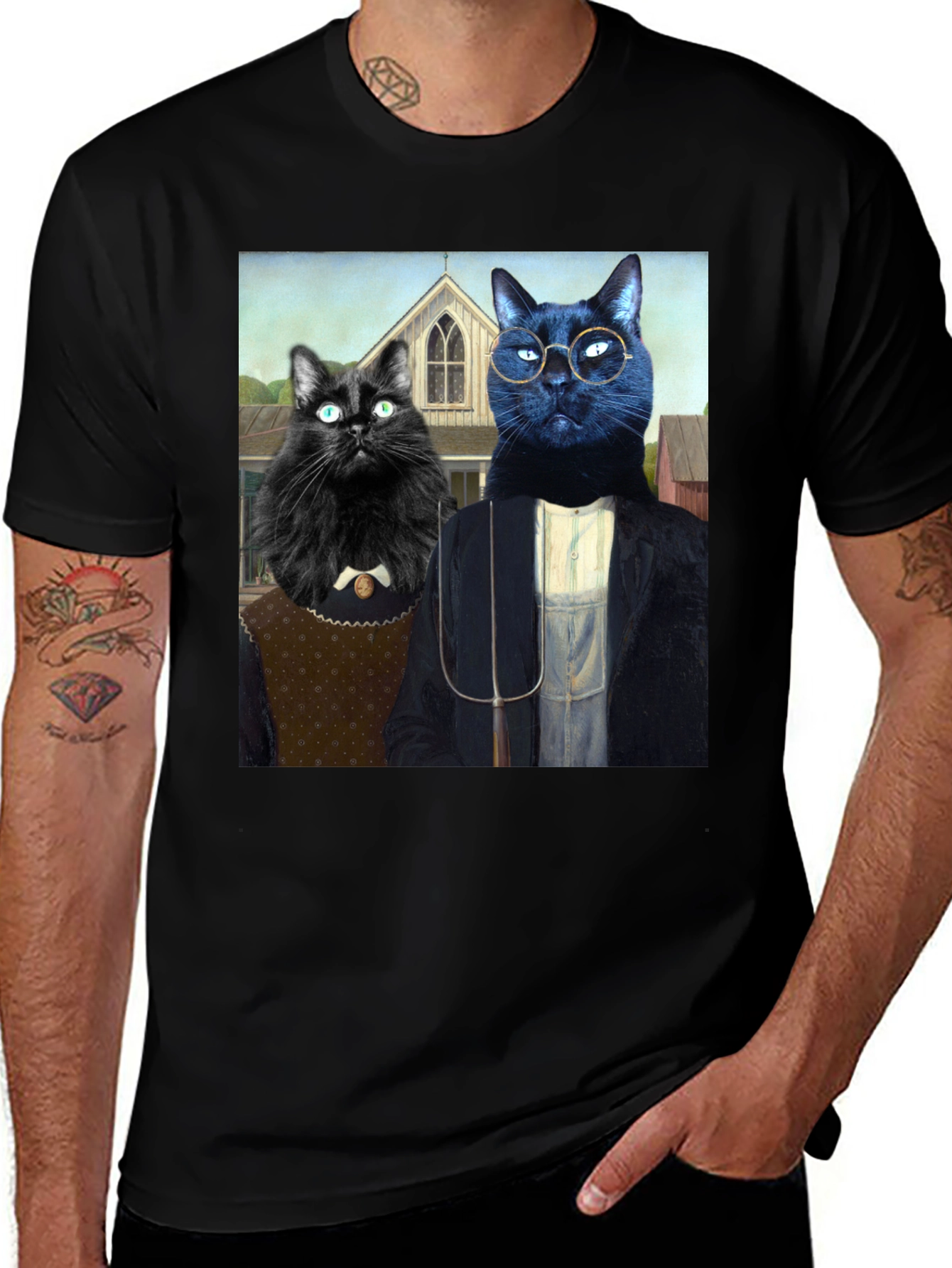 Variant 20 of American Gothic Cat T-Shirt - Unique Art Tee