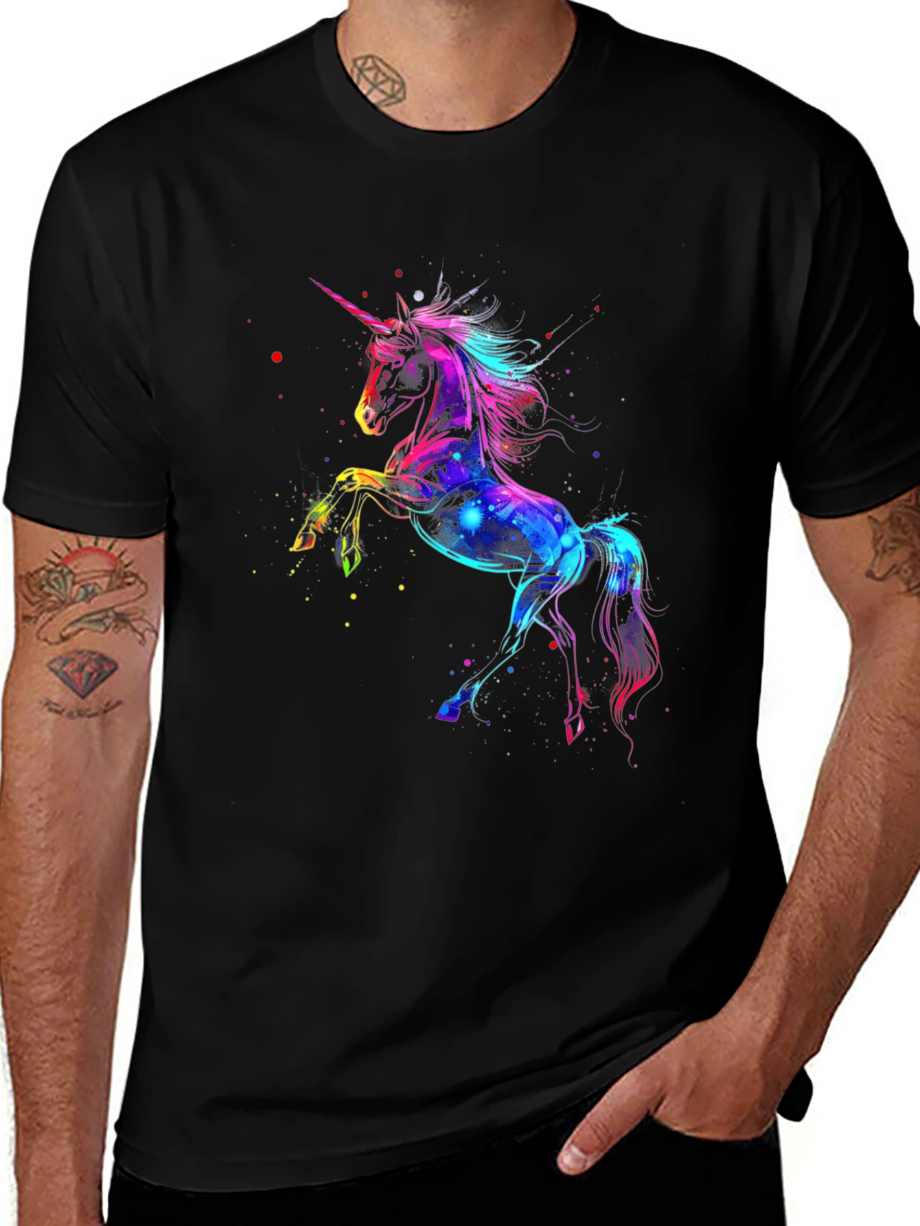 Variant 30 of Rainbow Unicorn Graphic Tee - Stylish Men's Black T-Shirt