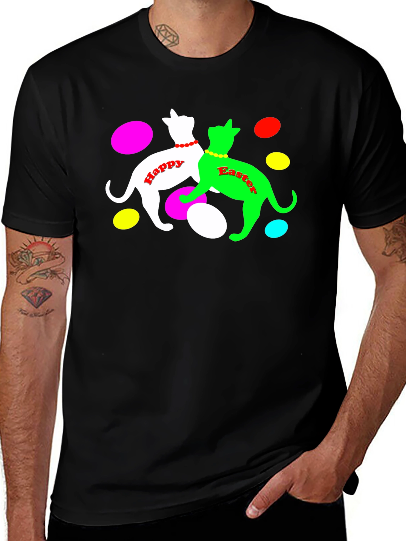 Camiseta Negra Gatos Pascua Feliz
