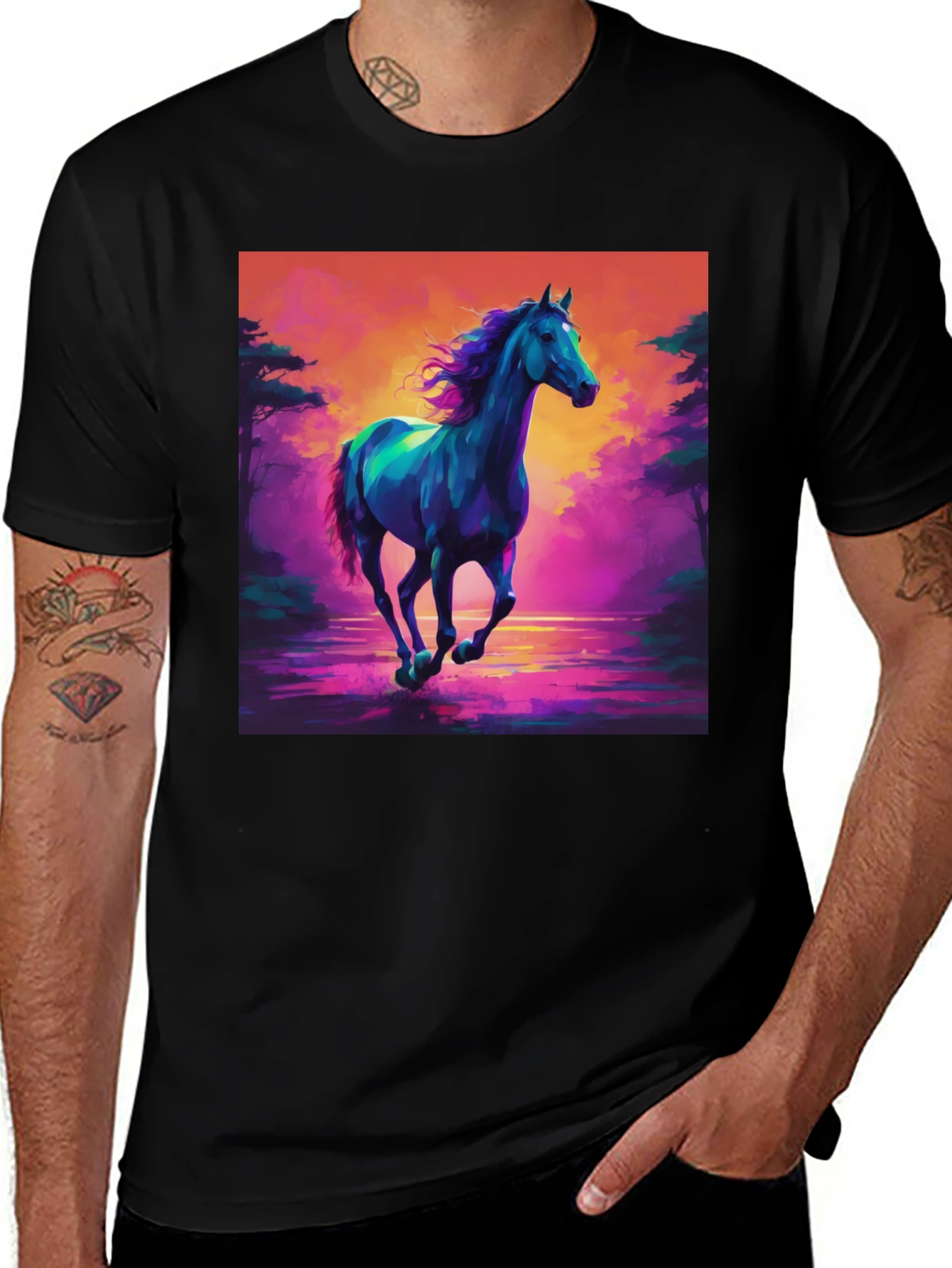 Variant 4 of Vibrant Horse Graphic Tee - Men's Black T-Shirt