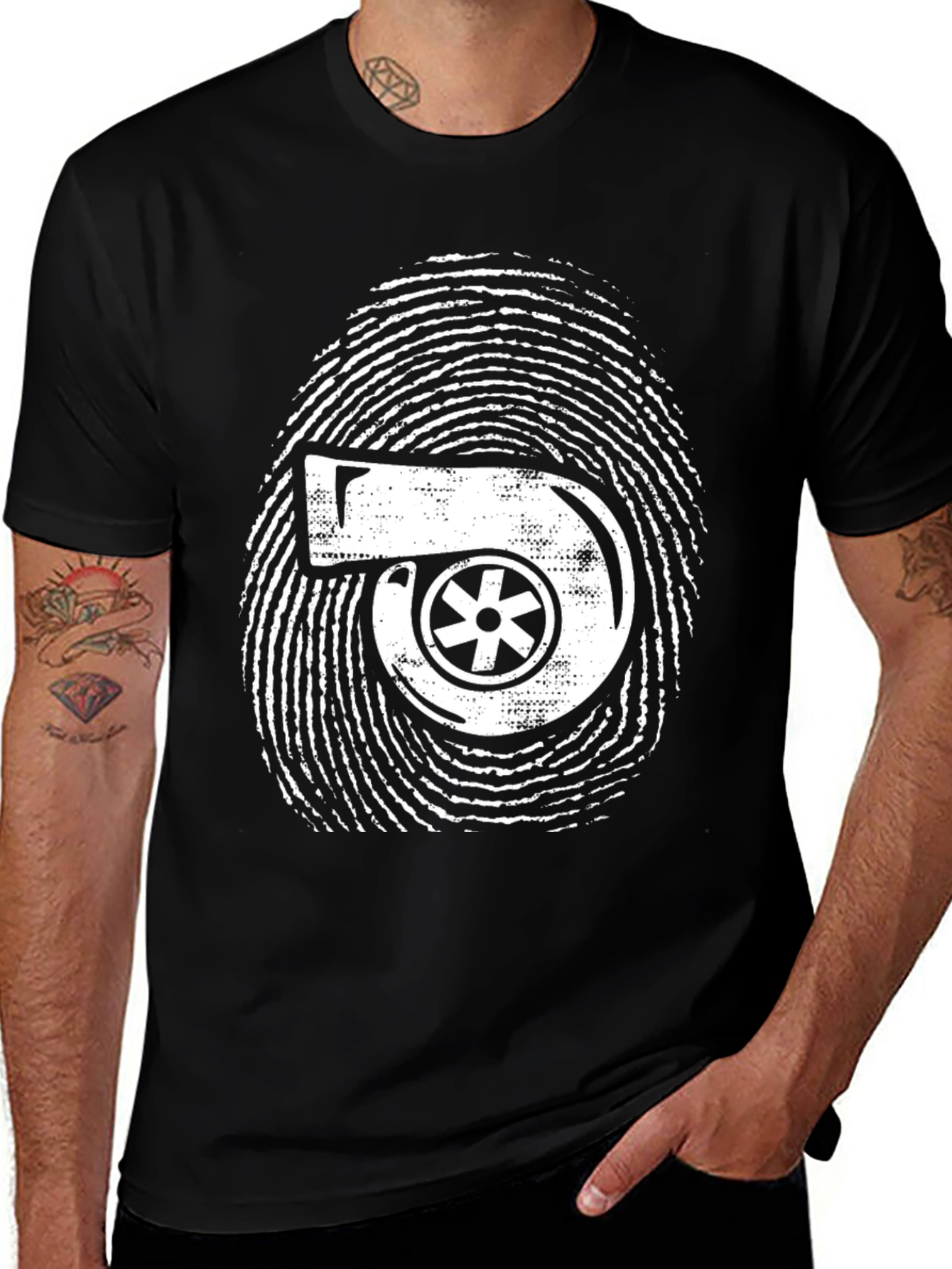 Variant 20 of Turbo Fingerprint Black T-Shirt - Automotive Enthusiast Apparel