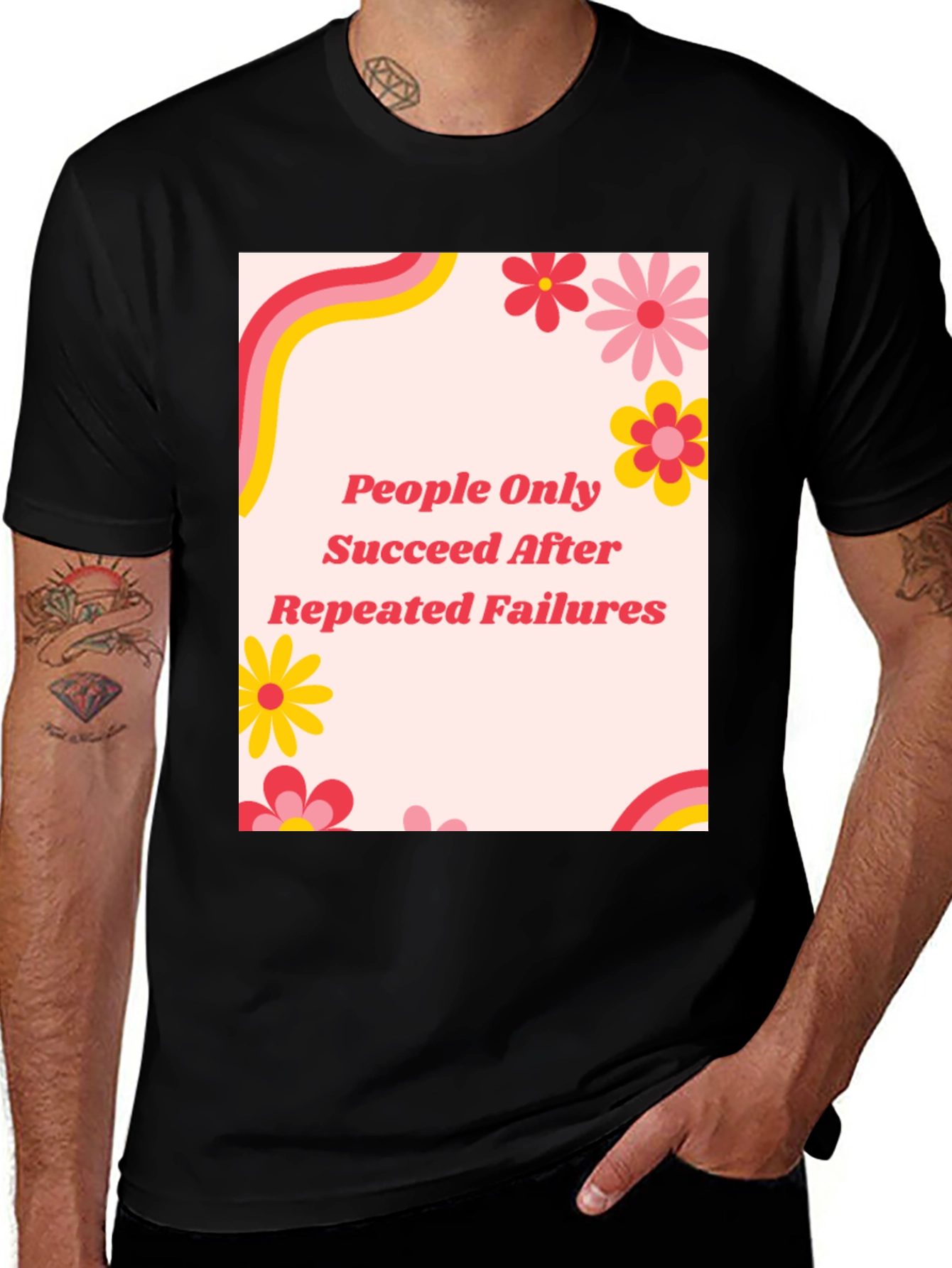 Variant 29 of Retro Floral "People Only Succeed" Black T-Shirt