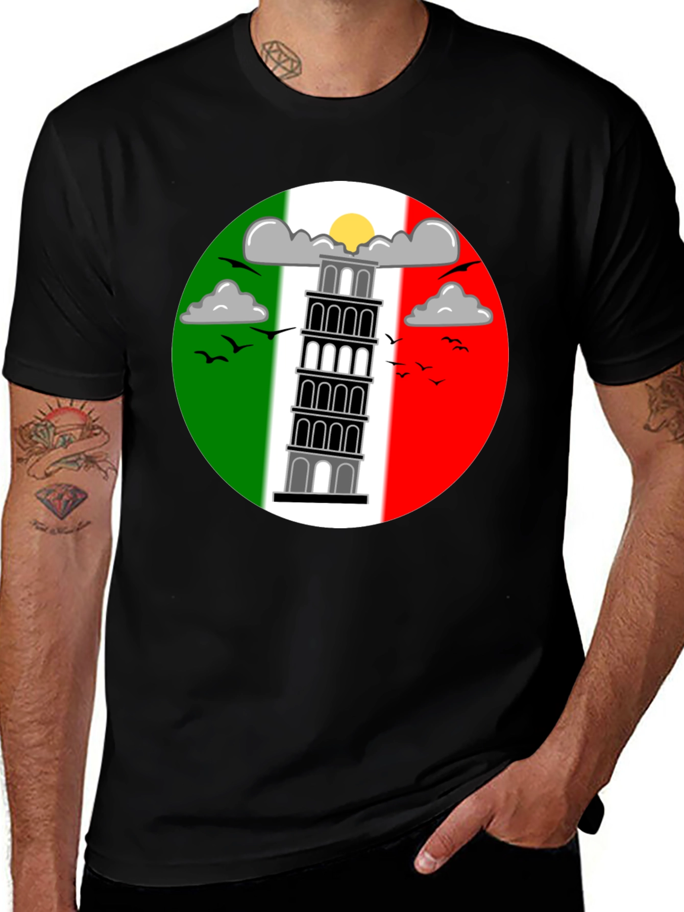 Italy Pisa Tower T-Shirt - Black Cotton Tee