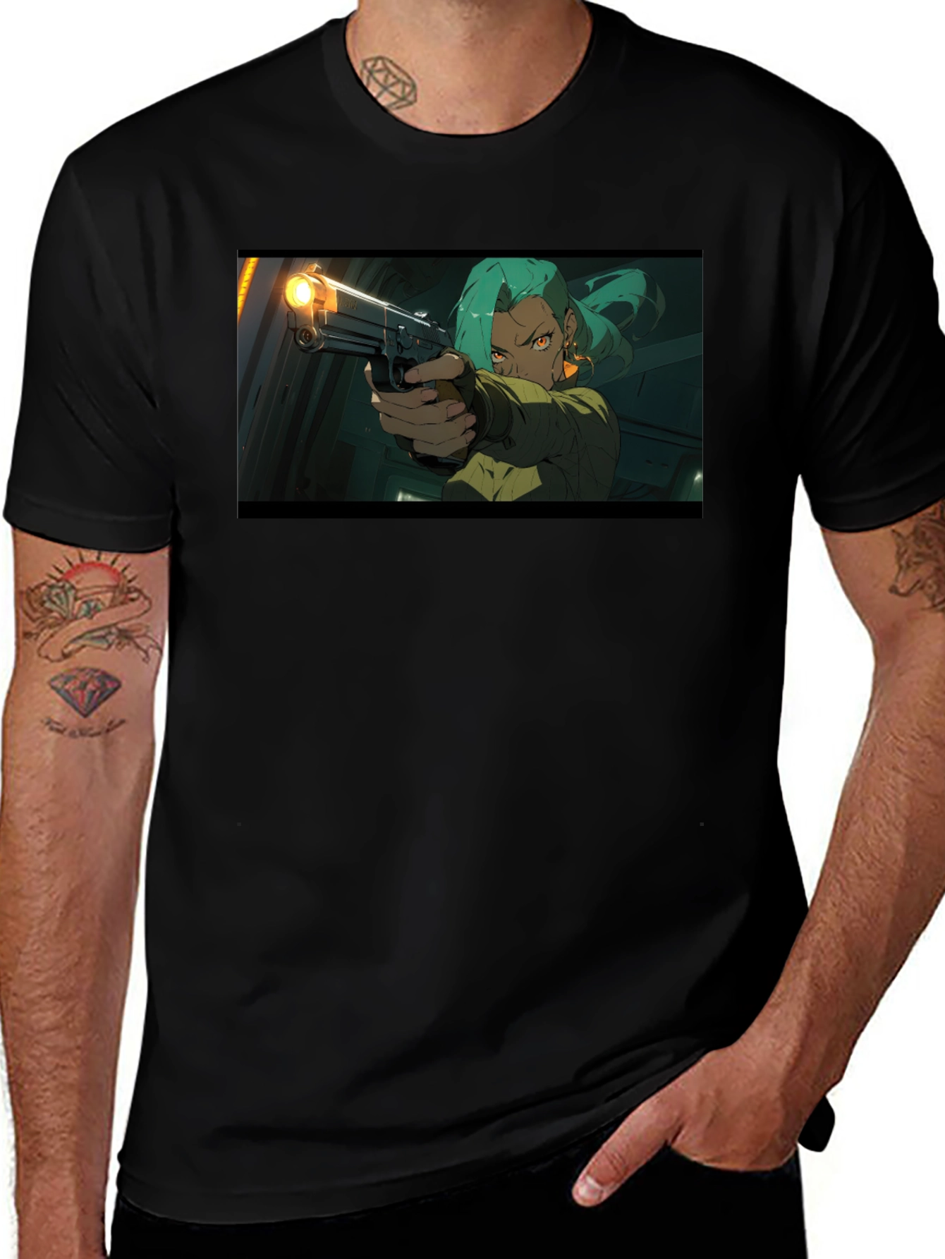 Variant 16 of Anime Girl with Gun Graphic Tee - Black Cotton T-Shirt