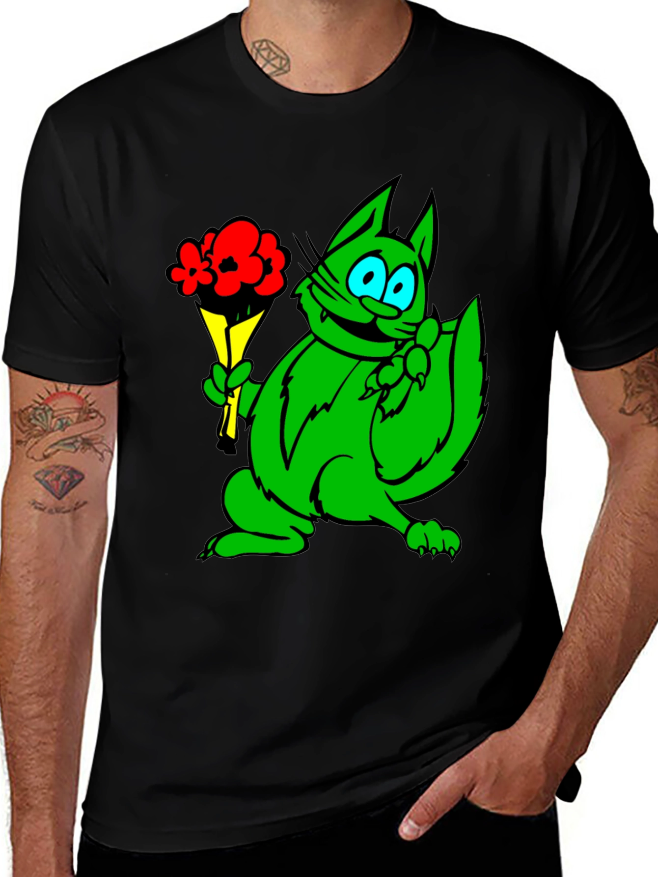 Variant 7 of Green Cat with Flowers Graphic Tee