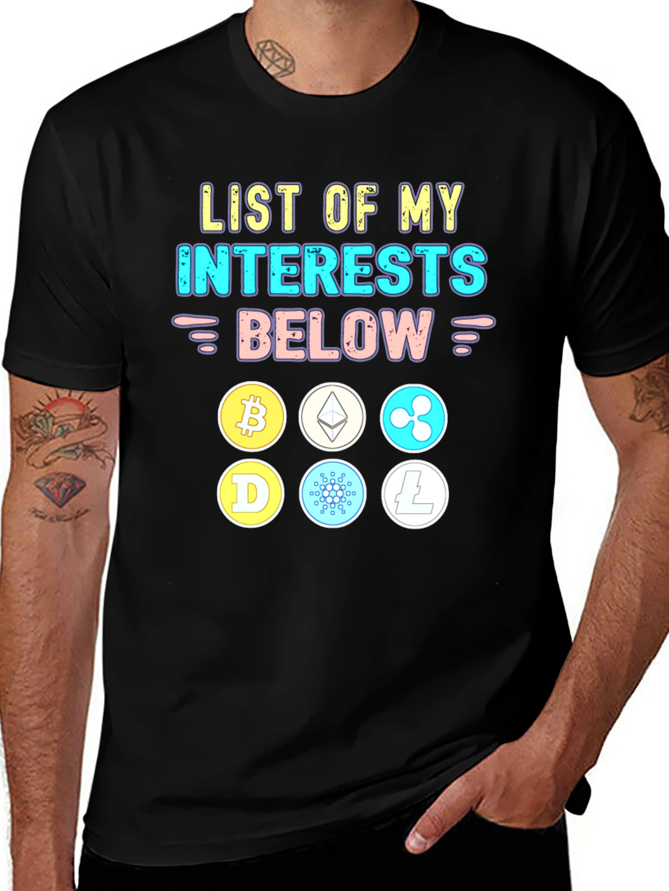 Variant 2 of Crypto Interests T-Shirt Bitcoin Ethereum Cardano Litecoin
