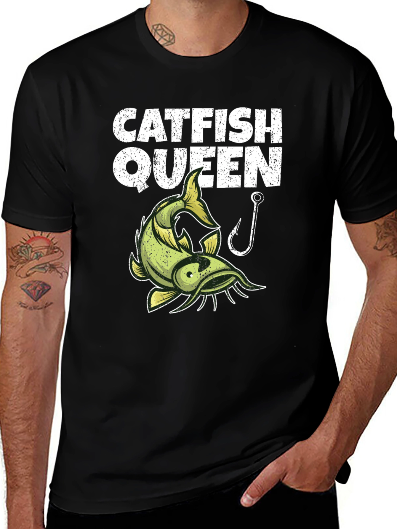 Variant 12 of Catfish Queen Graphic T-Shirt - Black, Fishing Design