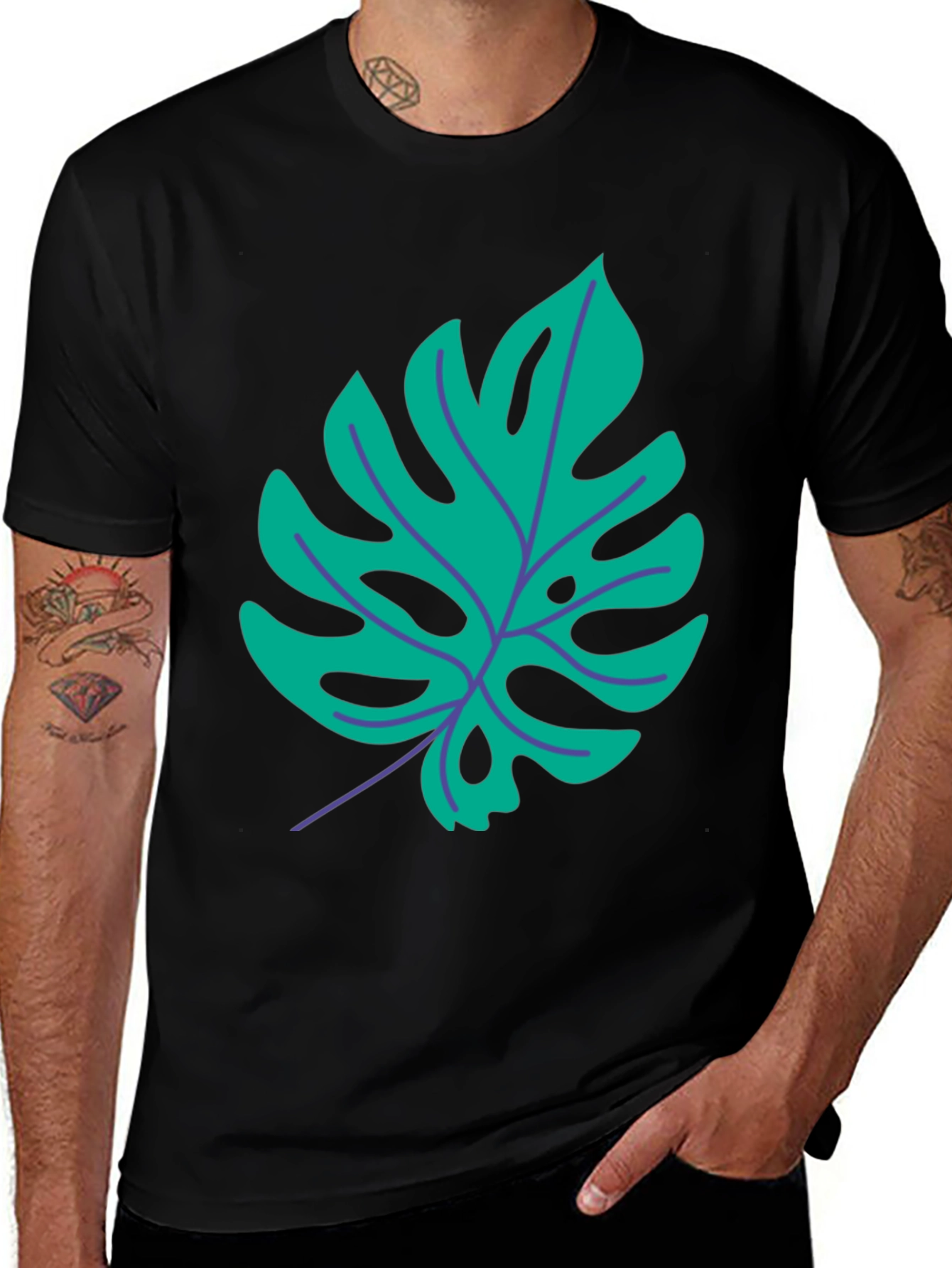 Variant 14 of Tropical Monstera Leaf Graphic Tee - Stylish Black T-Shirt