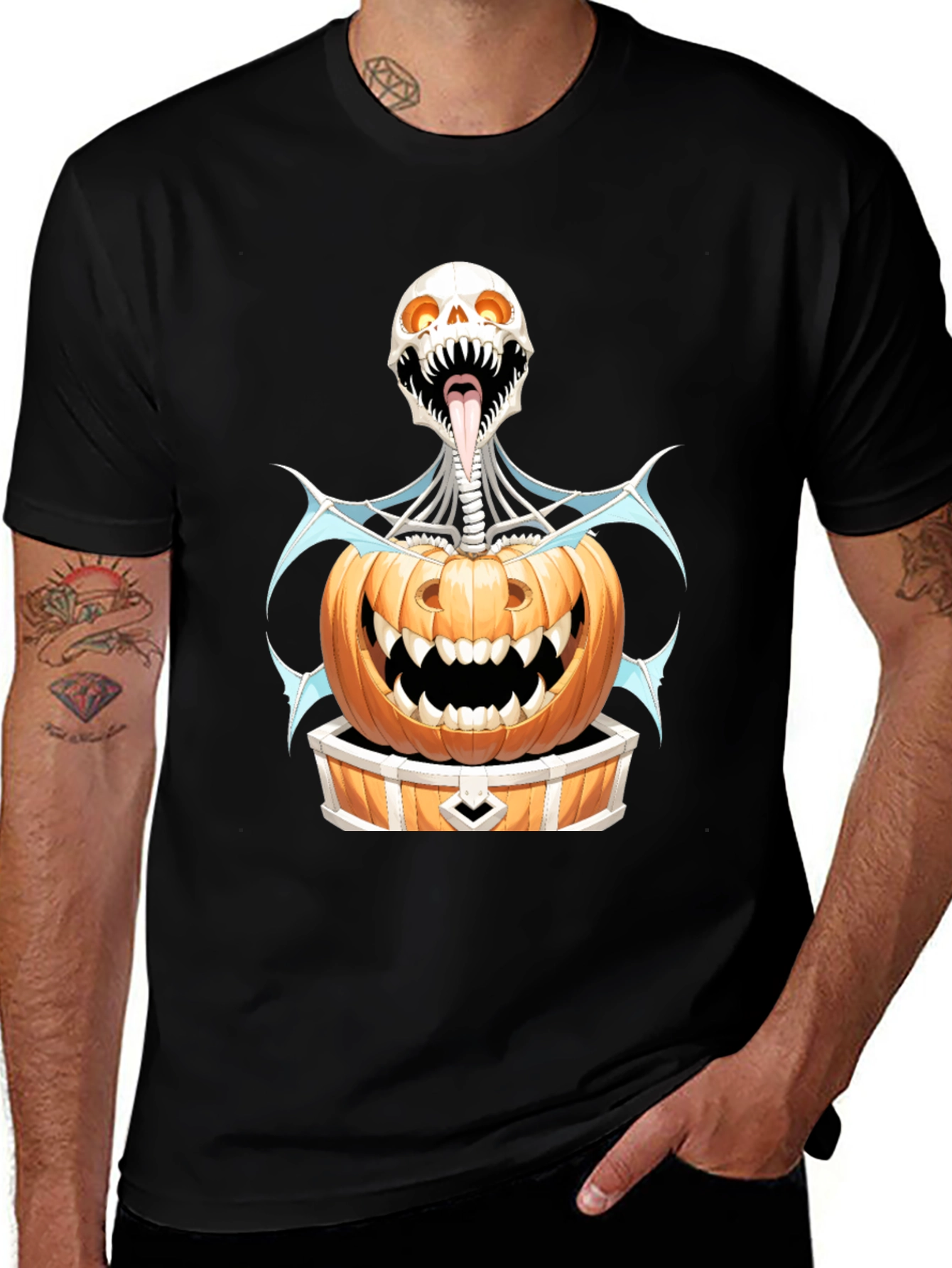 Black Halloween Skeleton Pumpkin Graphic Tee main image