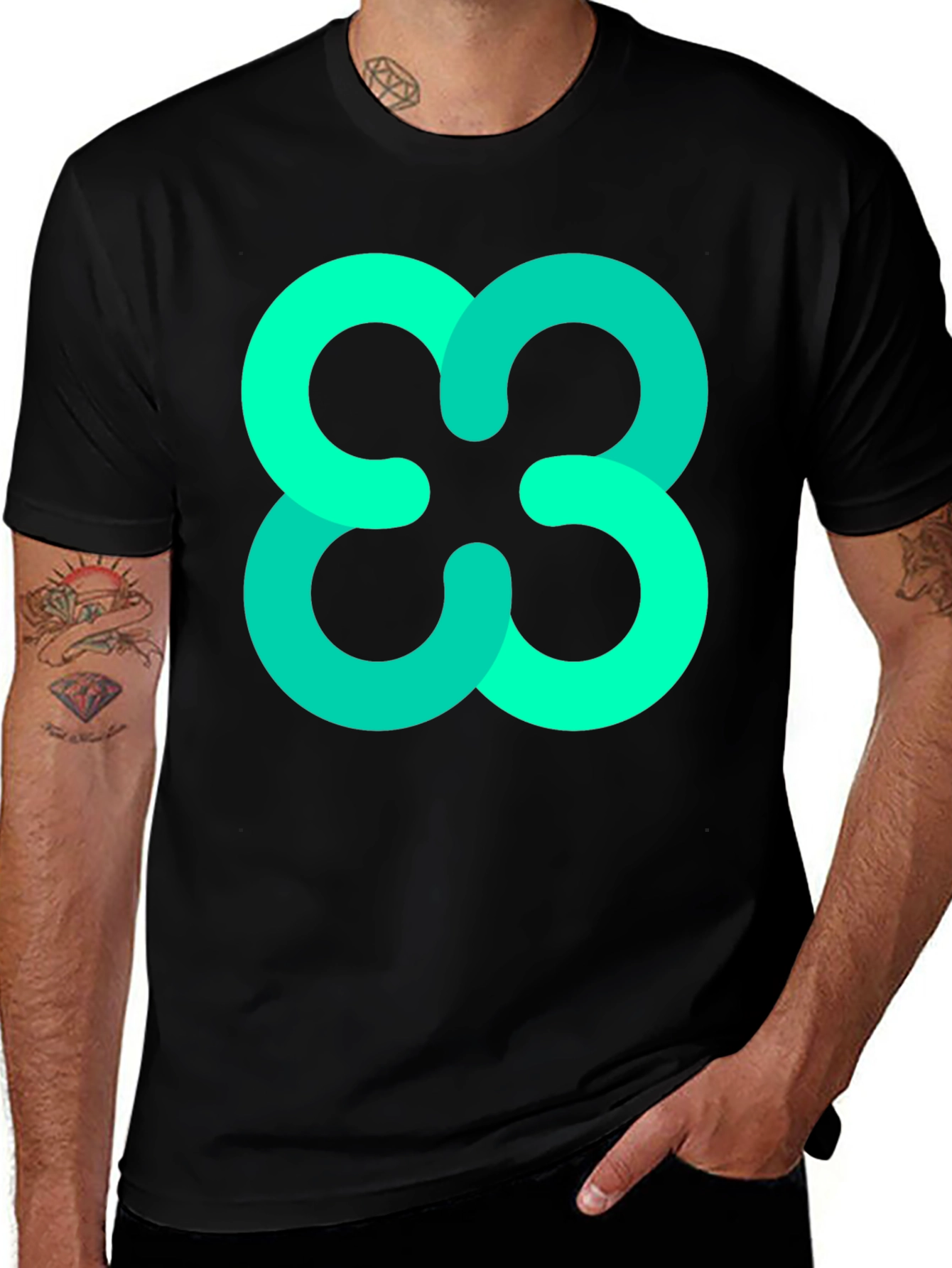 Variant 24 of Abstract Teal Cloverleaf Graphic Black T-Shirt