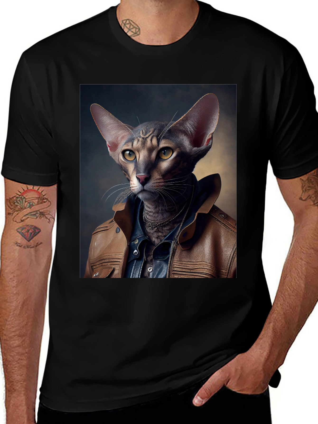 Variant 24 of Cat in Leather Jacket Graphic Tee - Cool & Stylish