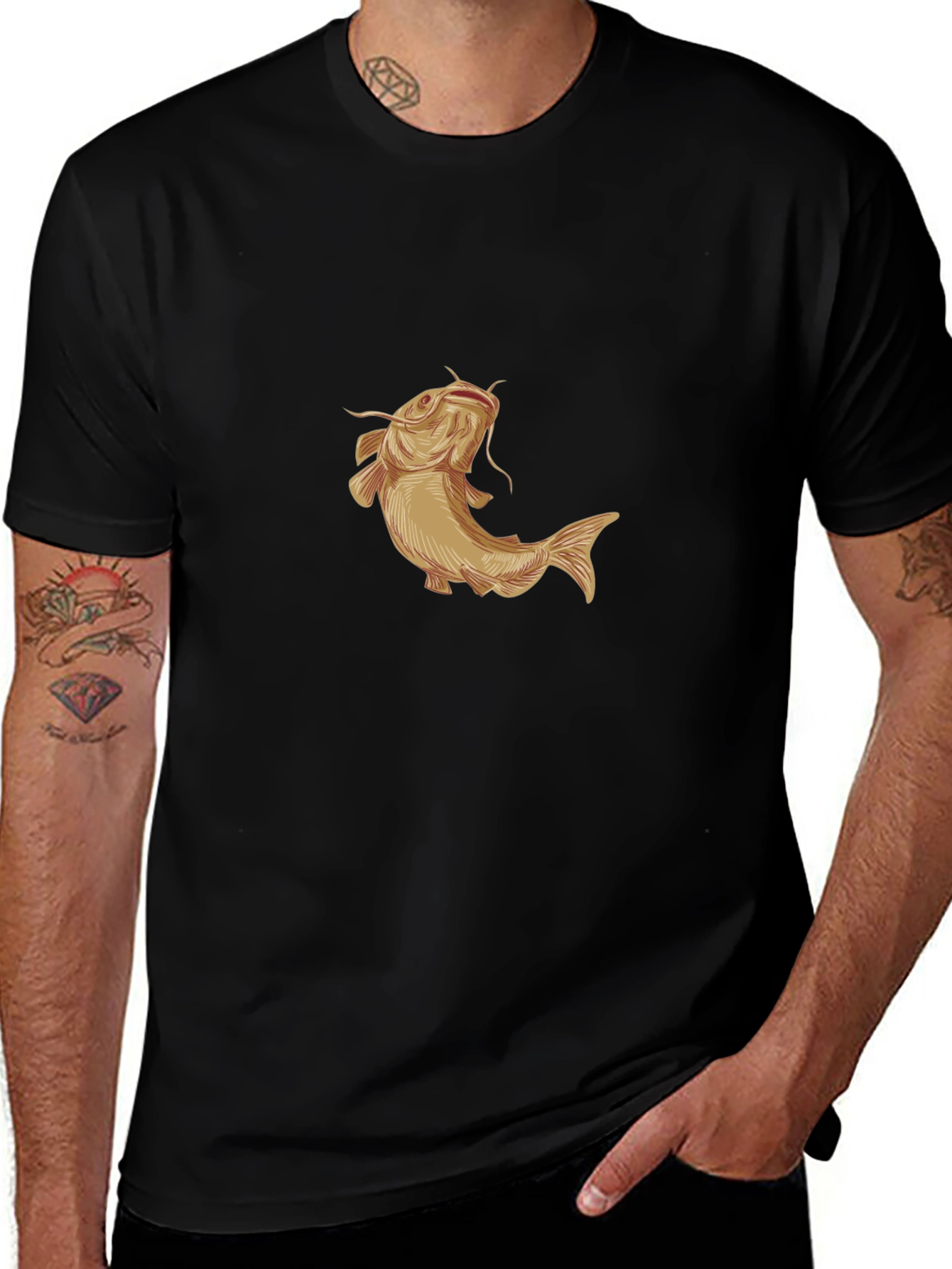 Variant 26 of Men's Black T-Shirt with Gold Catfish Graphic