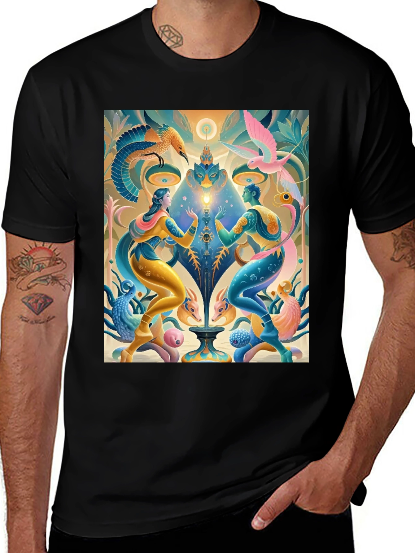 Variant 25 of Artistic T-Shirt: Mystical Bird and Figure Design