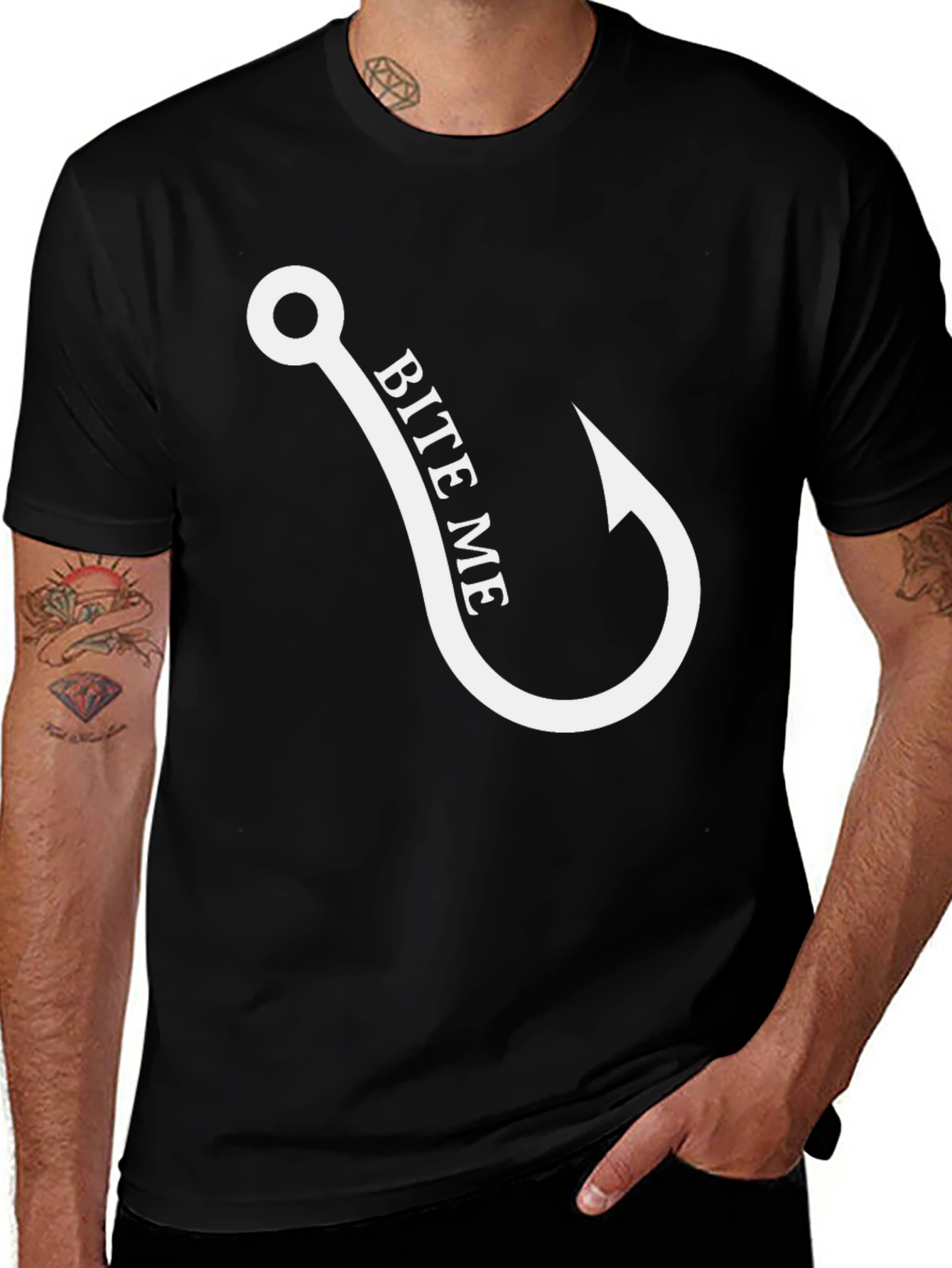 Variant 4 of Bite Me Fishing Hook Graphic Tee - Black Cotton T-Shirt