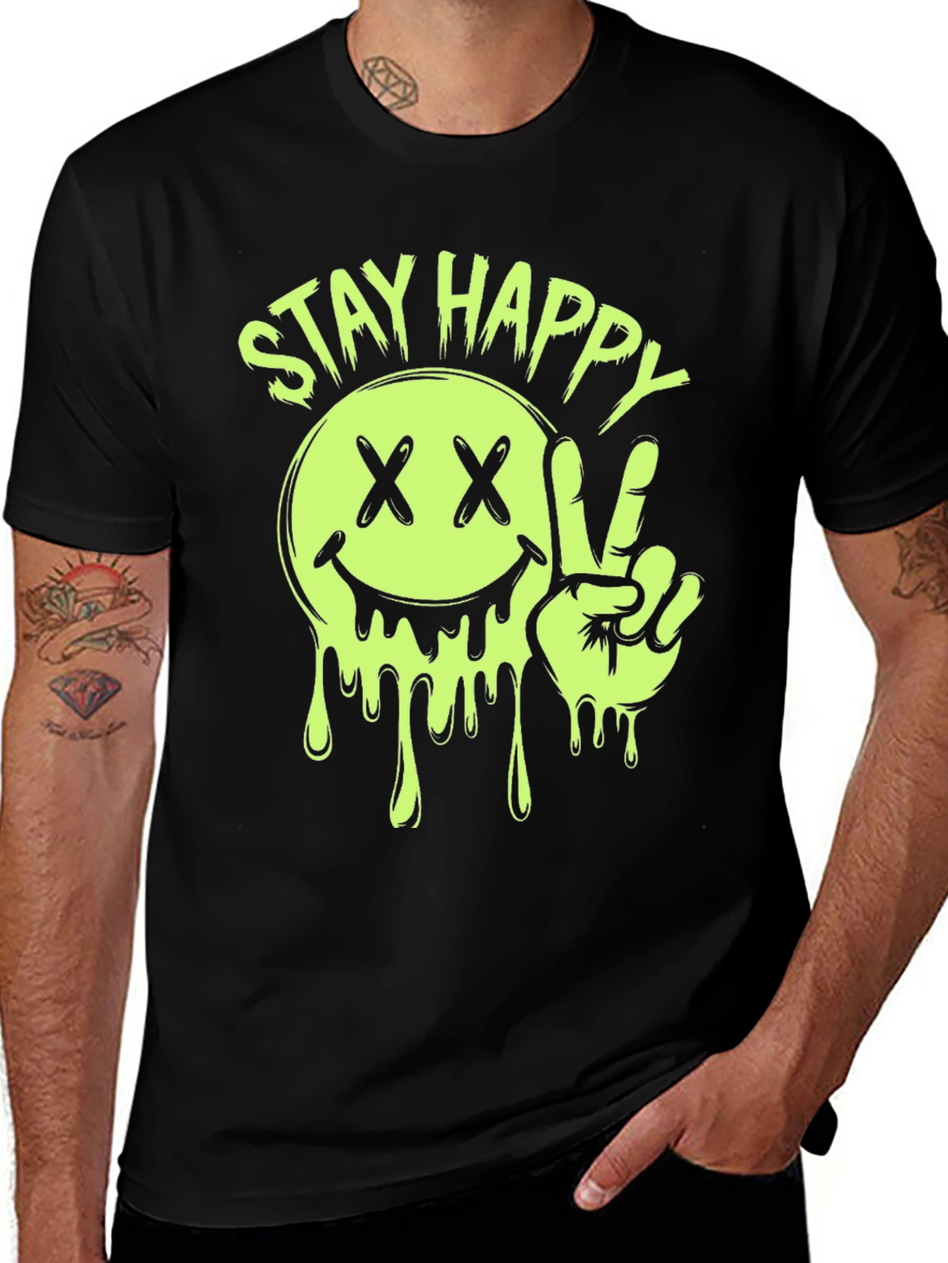 Variant 6 of Stay Happy Smiley Face Graphic Tee - Black