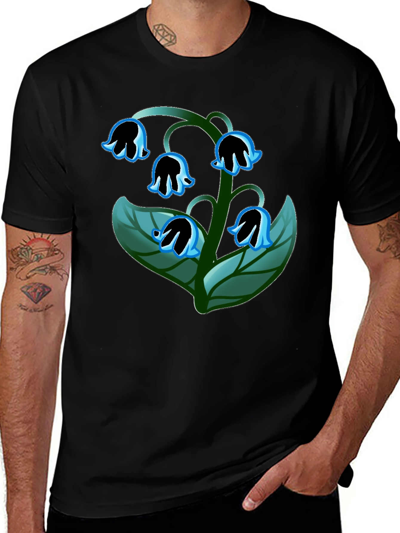 Variant 25 of Floral Print T-Shirt - Black Lily of the Valley