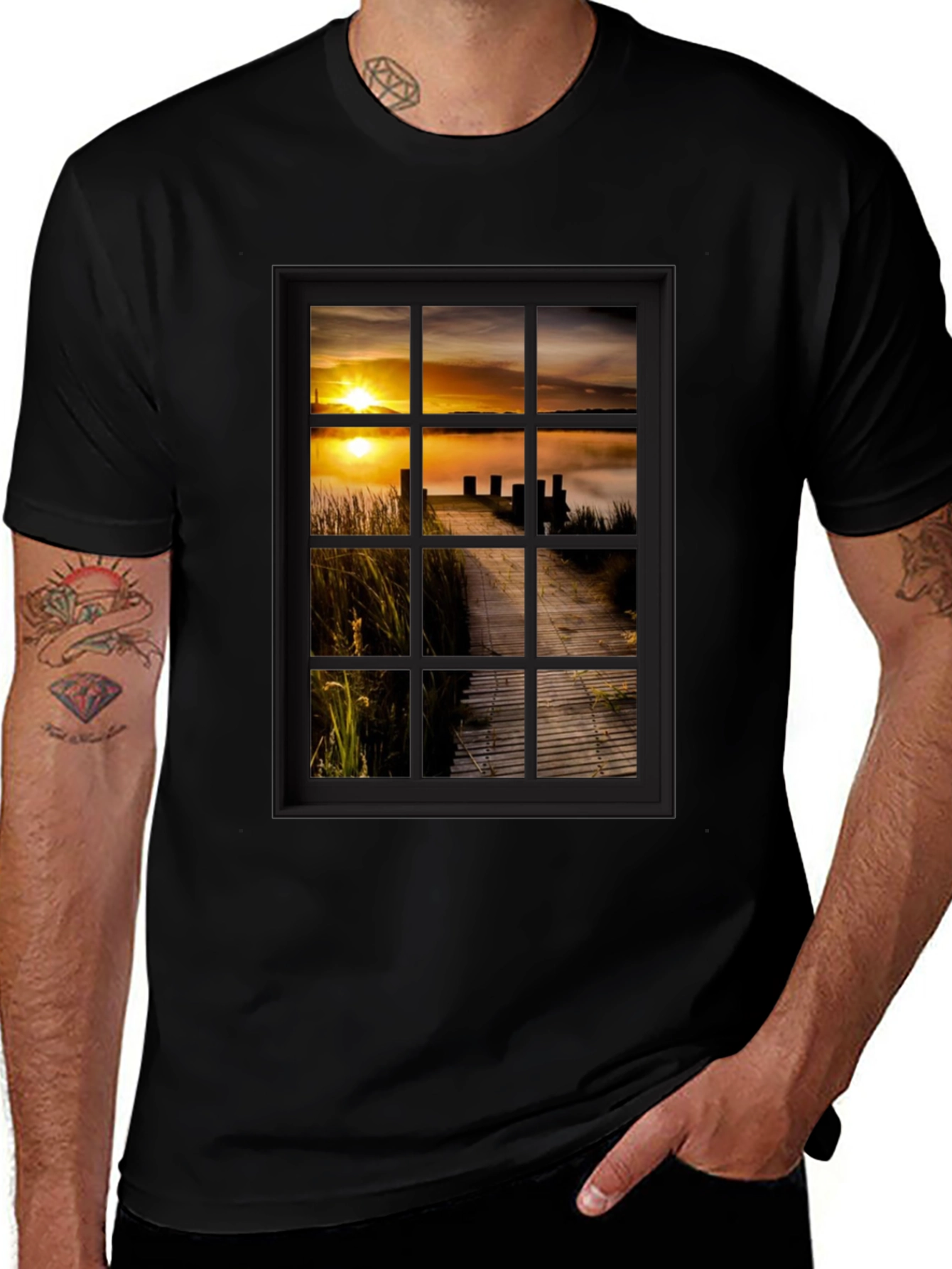 Variant 9 of Sunrise Pier Window Graphic Tee - Unique Design!
