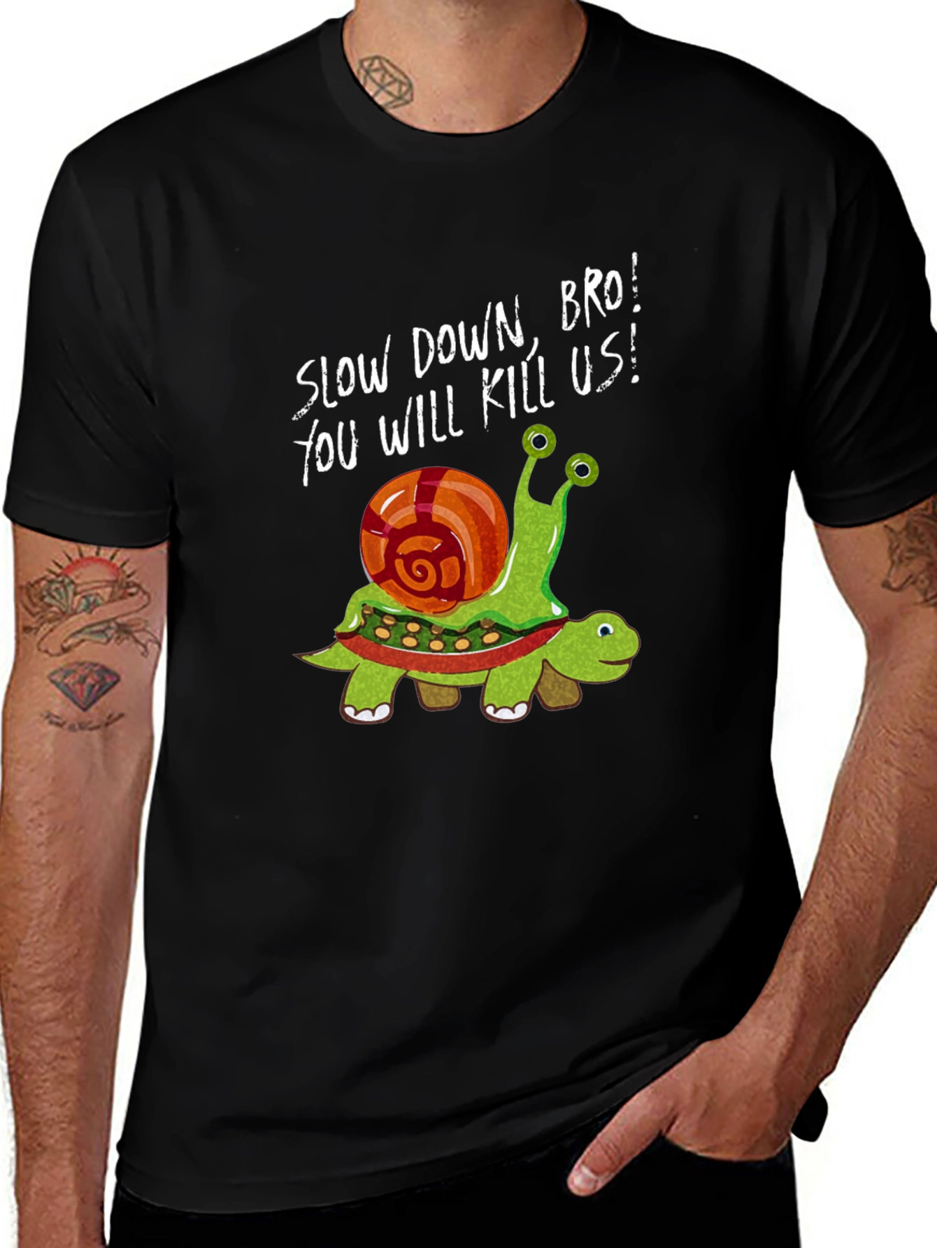 Variant 3 of Funny Snail Riding Turtle Graphic Tee - Slow Down Bro!