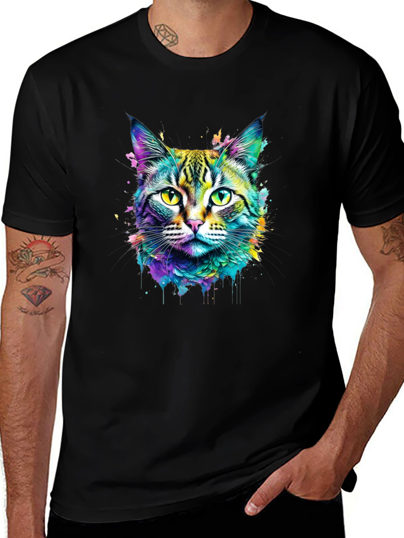 Variant 14 of Vibrant Cat Art Tee - Unique Watercolor Design