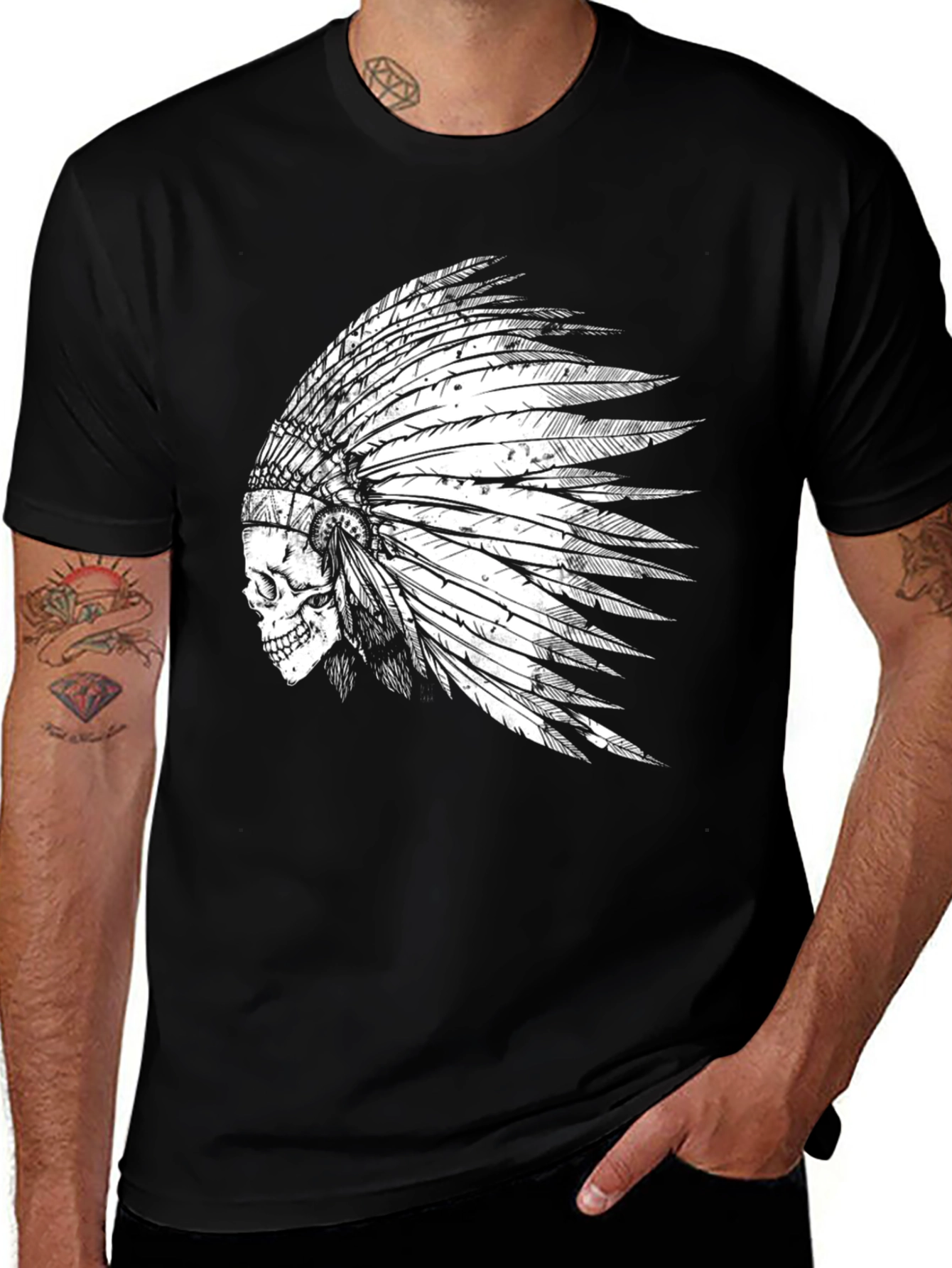 Variant 13 of Skull Indian Headdress Graphic Tee - Black Cotton
