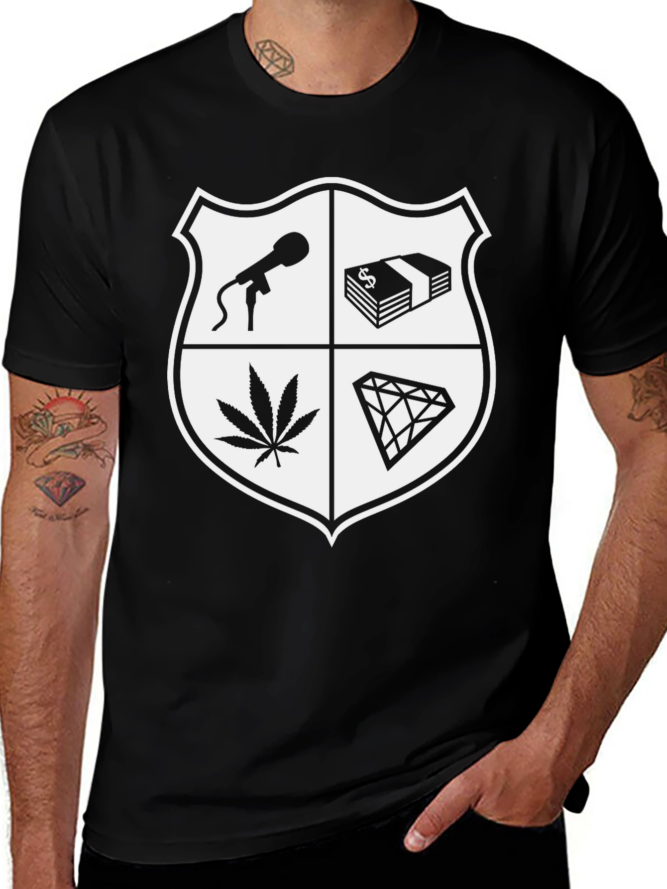 Variant 25 of Black Graphic Tee: Microphone, Money, Weed, Diamond Design