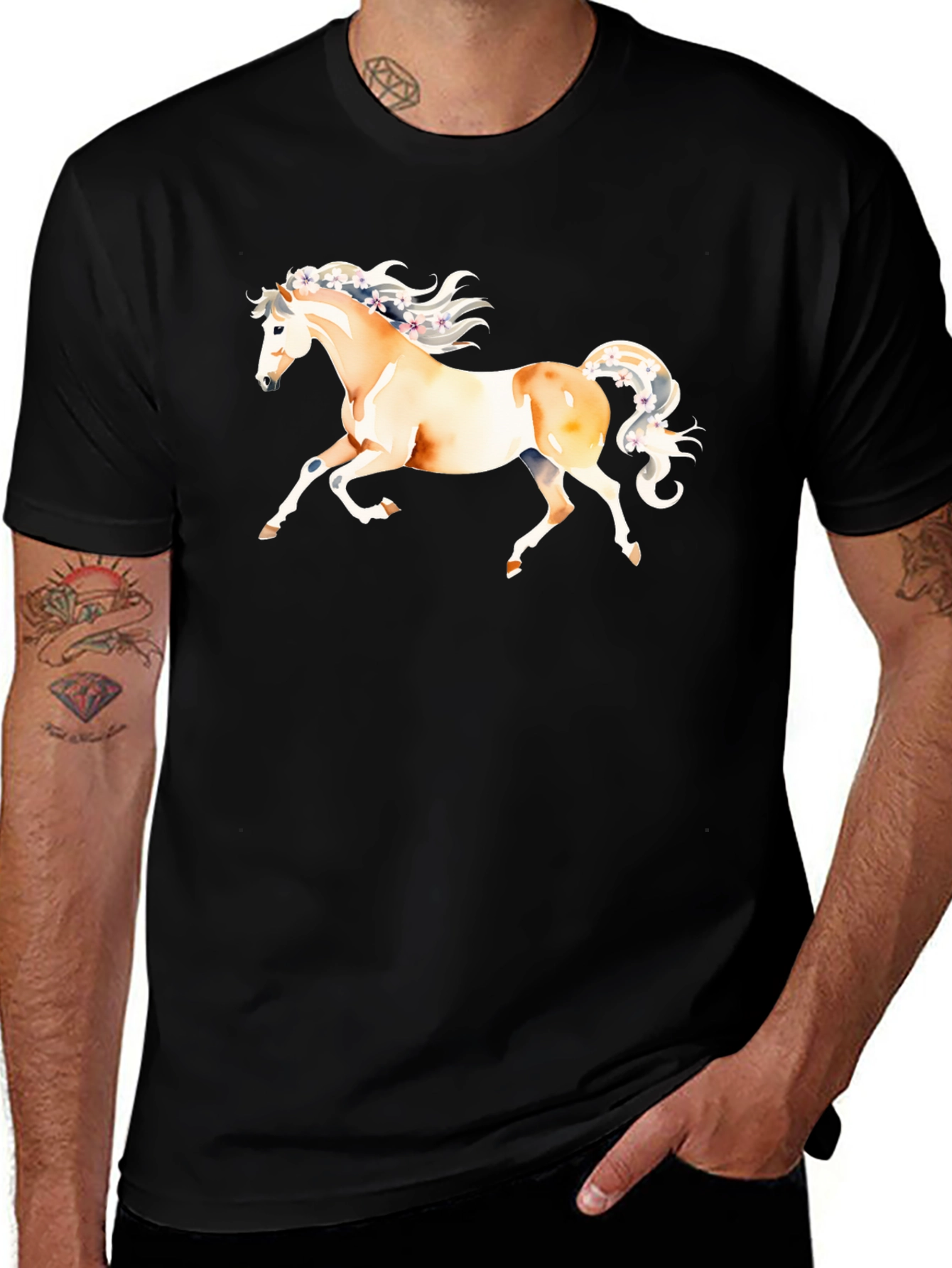 Variant 27 of Horse Watercolor Graphic Tee - Black Cotton T-Shirt