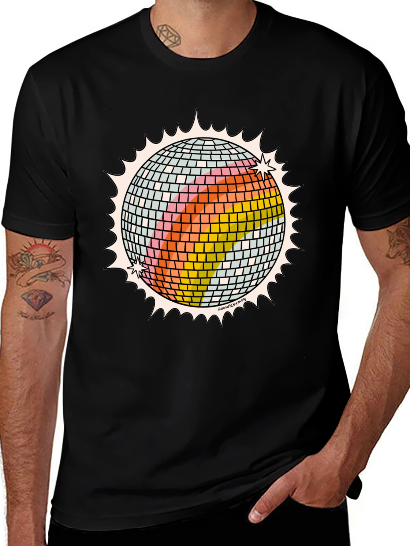 Variant 24 of Retro Disco Ball Graphic Tee - Black Cotton T-Shirt