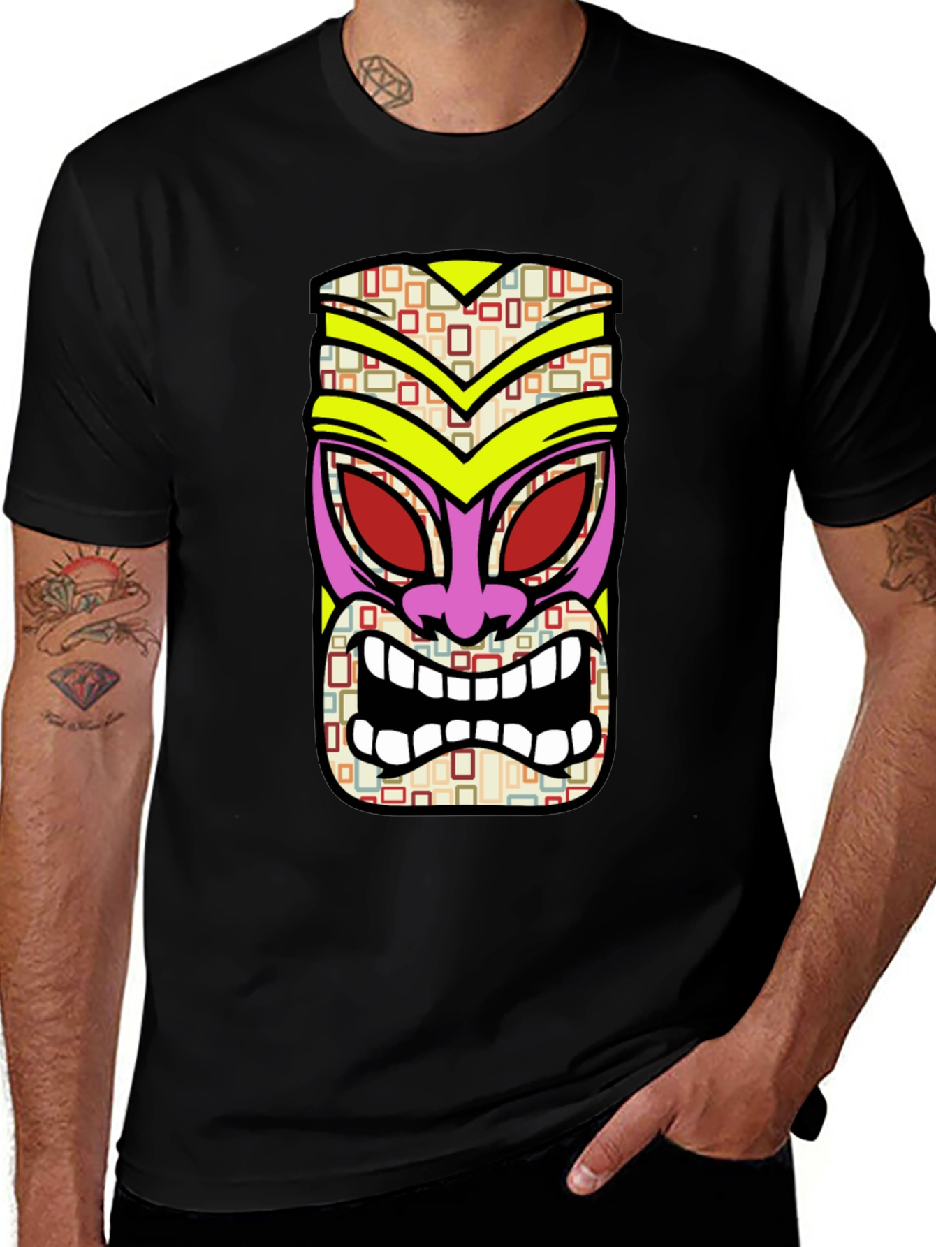 Variant 20 of Tiki Mask Graphic Tee - Black Cotton T-Shirt