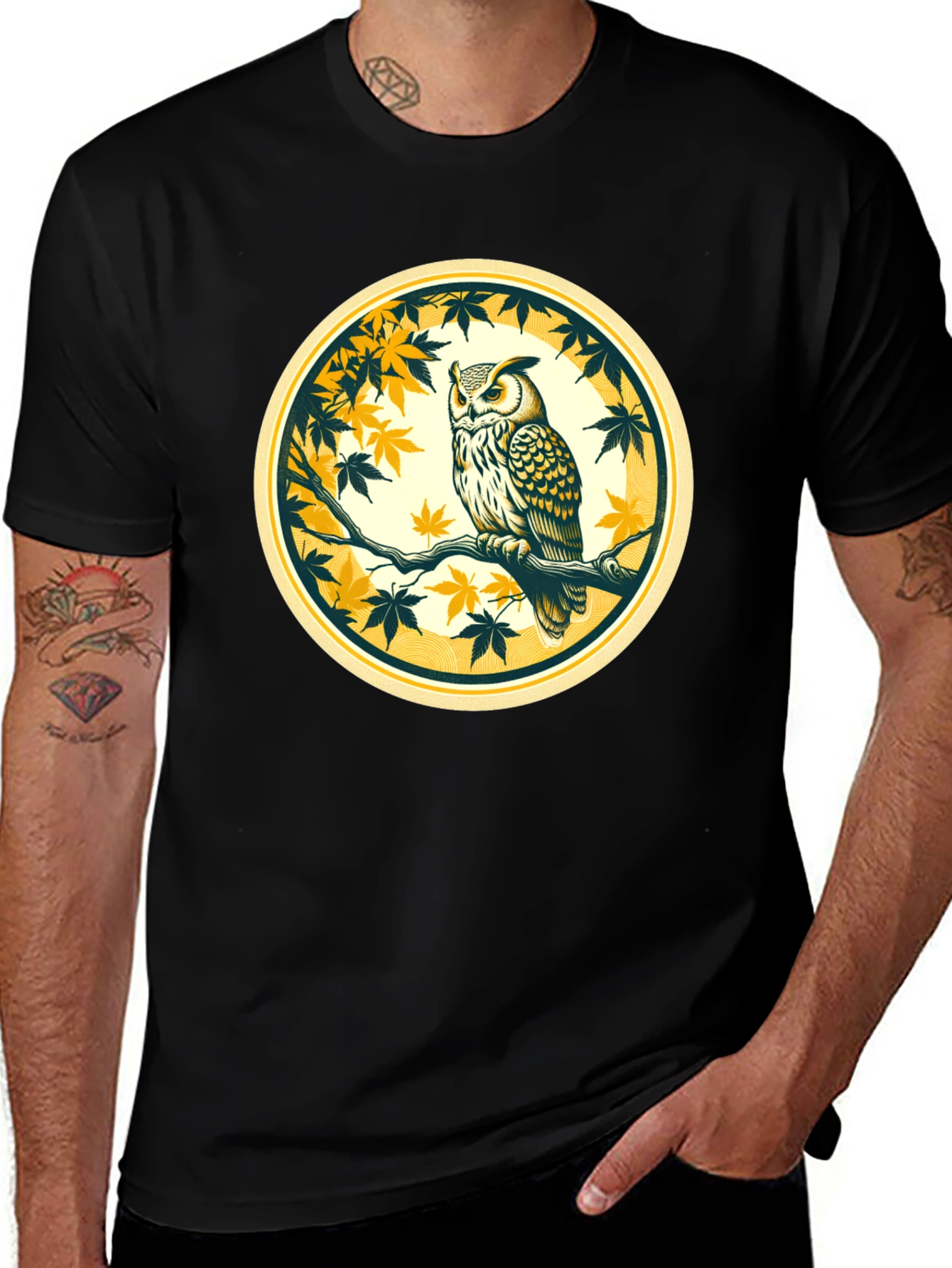 Variant 11 of Owl on Branch Graphic Tee - Men's Black T-Shirt
