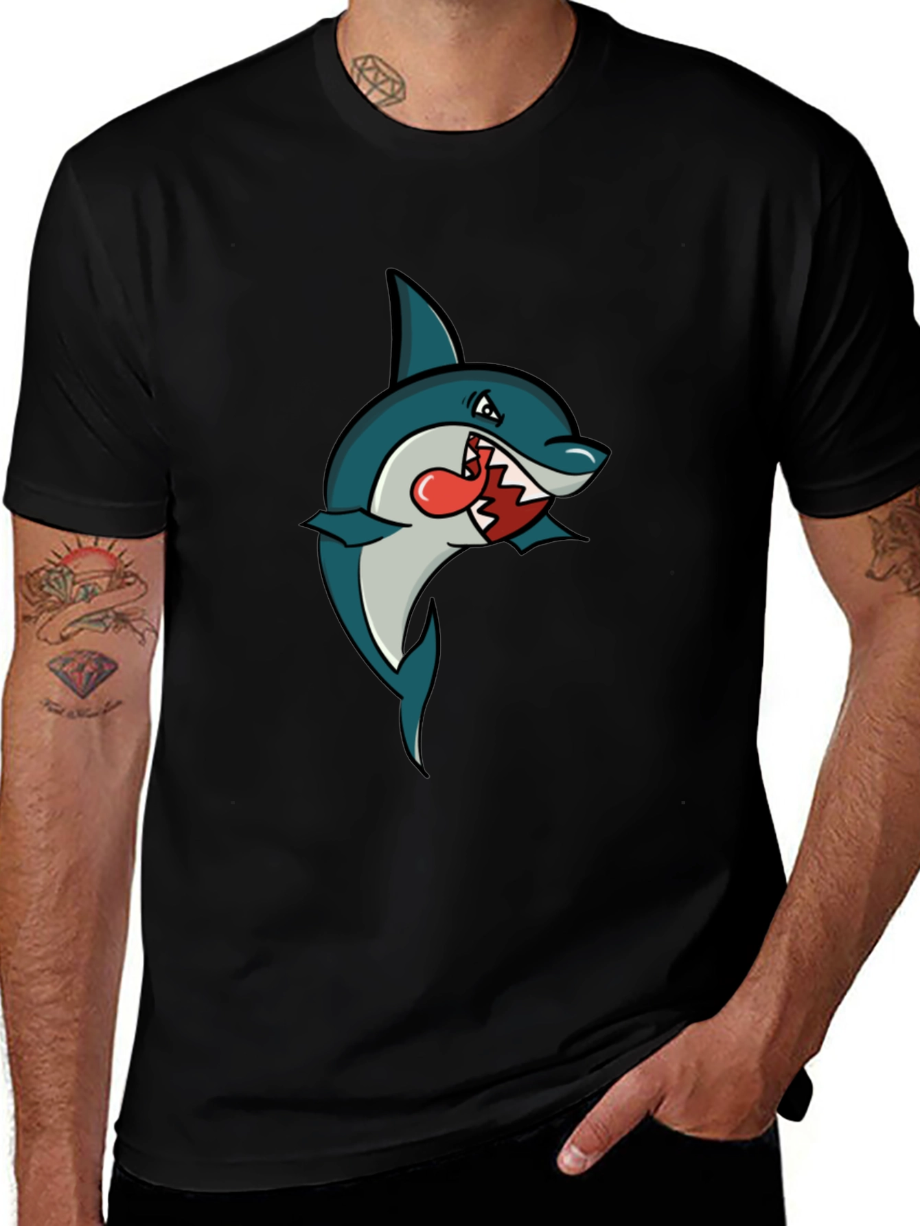 Black Shark Cartoon Graphic Tee - Men's Black T-Shirt main image