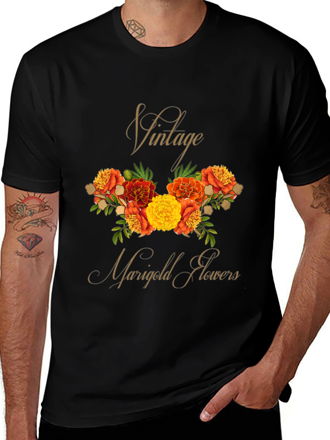 Variant 19 of Vintage Marigold Flowers Black T-Shirt