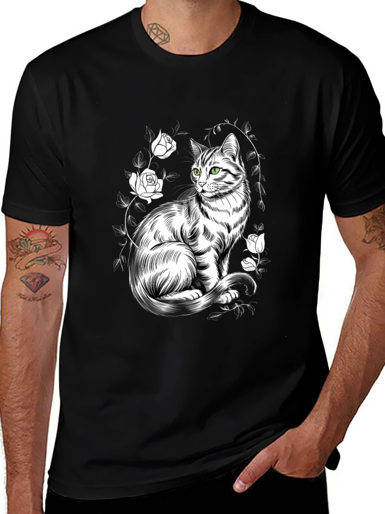 Variant 21 of Cat & Roses Graphic Print T-Shirt