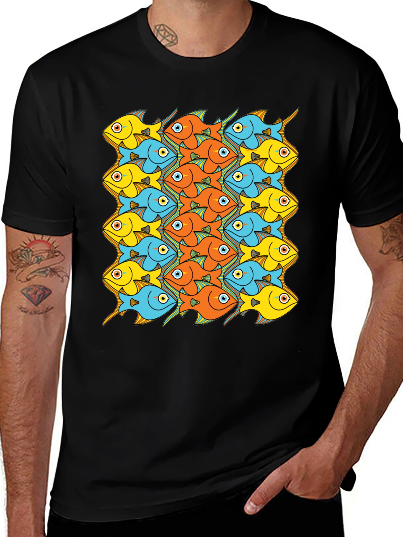 Variant 7 of Escher Fish Pattern T-Shirt - Unique Graphic Tee