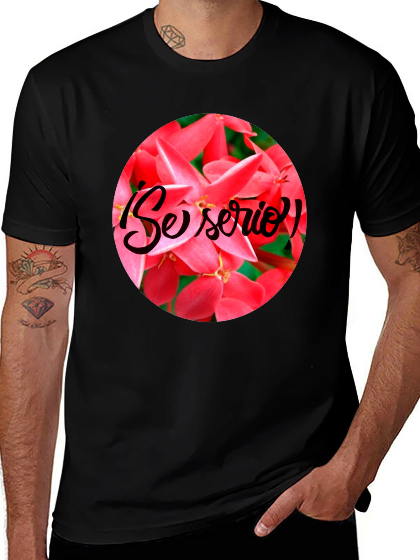 Variant 2 of Floral "Se Serio!" Black T-Shirt