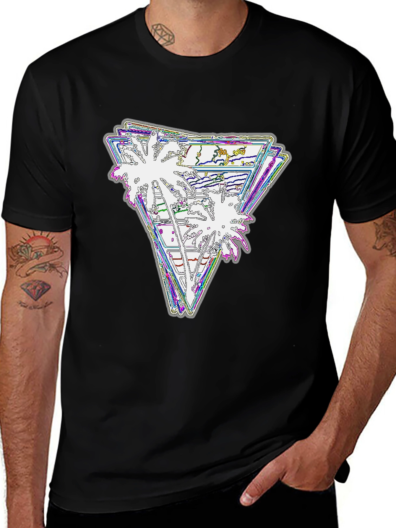Variant 15 of Retro Palm Tree Triangle Graphic Tee - Black