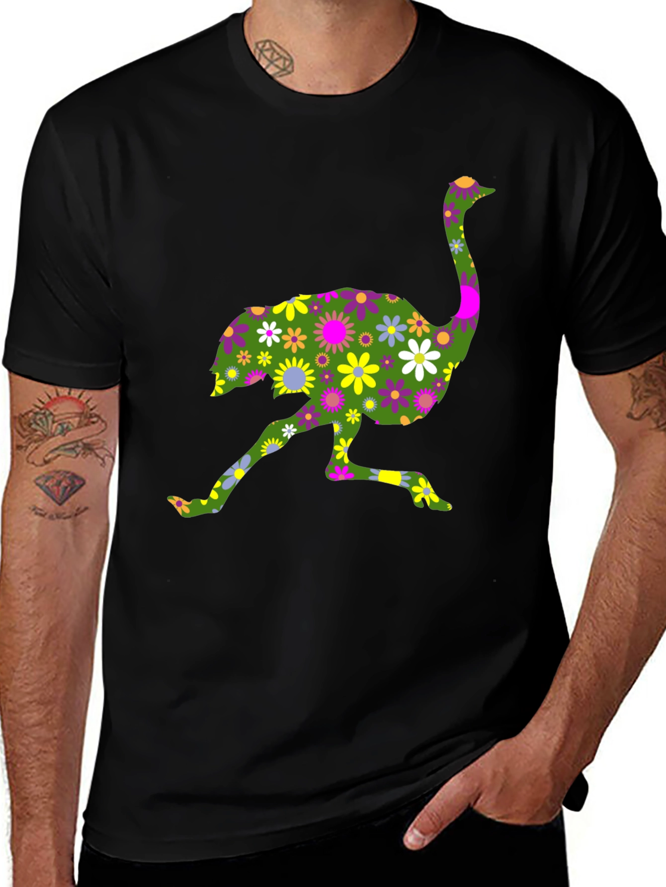 Variant 21 of Floral Ostrich Graphic Tee - Unique Novelty Shirt