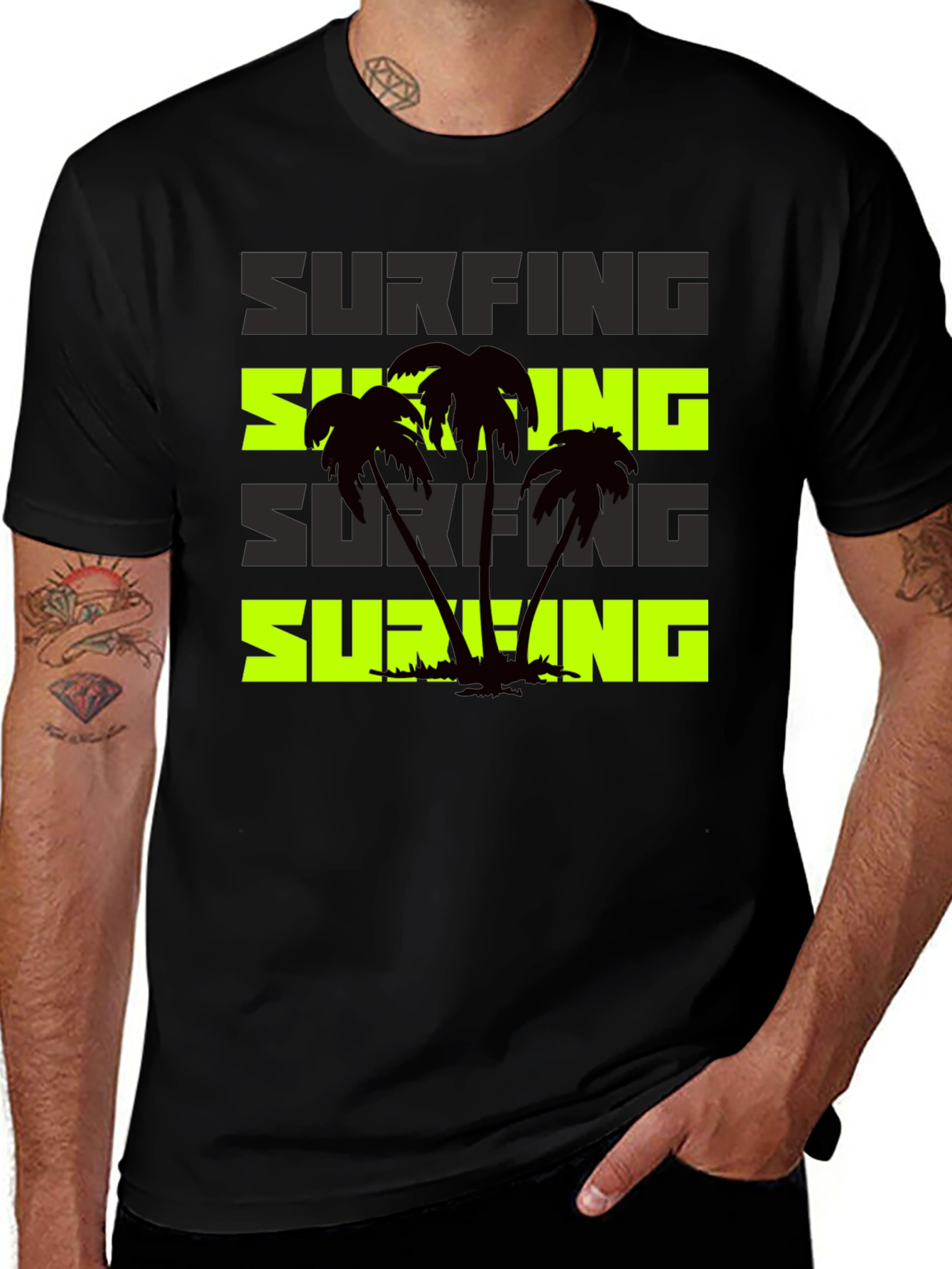 Variant 20 of Surfing Palm Tree Graphic Black T-Shirt